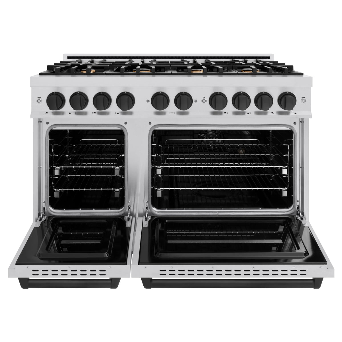 Stainless steel gas convection range with two open oven doors and racks