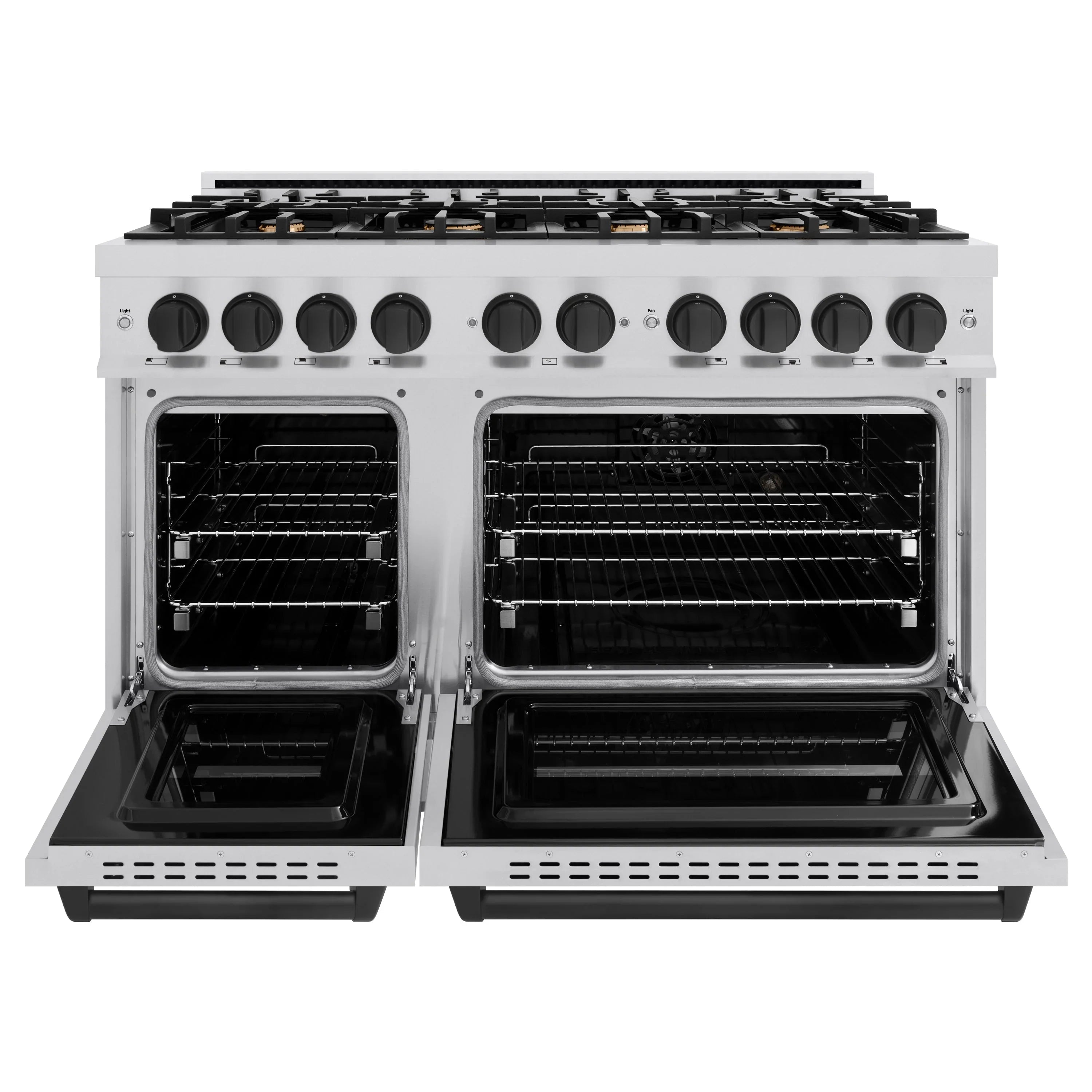 Open stainless steel gas range with black grates and two oven interiors