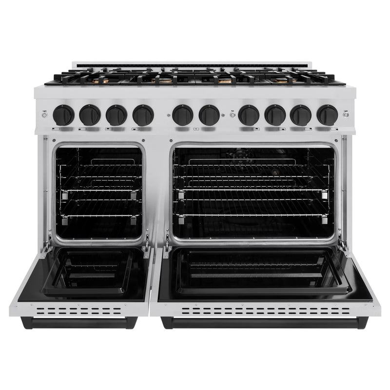 ZLINE 4-Piece Appliance Package - 48-Inch Gas Range, Hood, Refrigerator, and Dishwasher in Stainless Steel with Matte Black Accents
