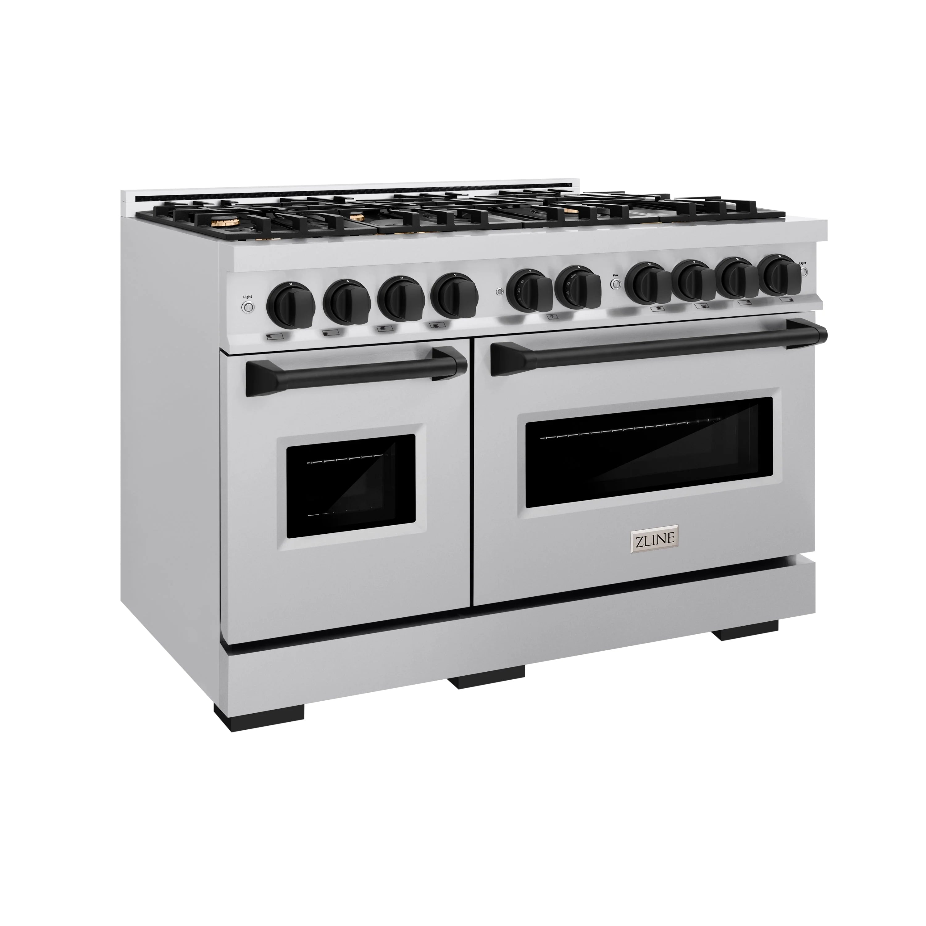 Stainless steel gas range with 8 burners, black control panel, and double ovens