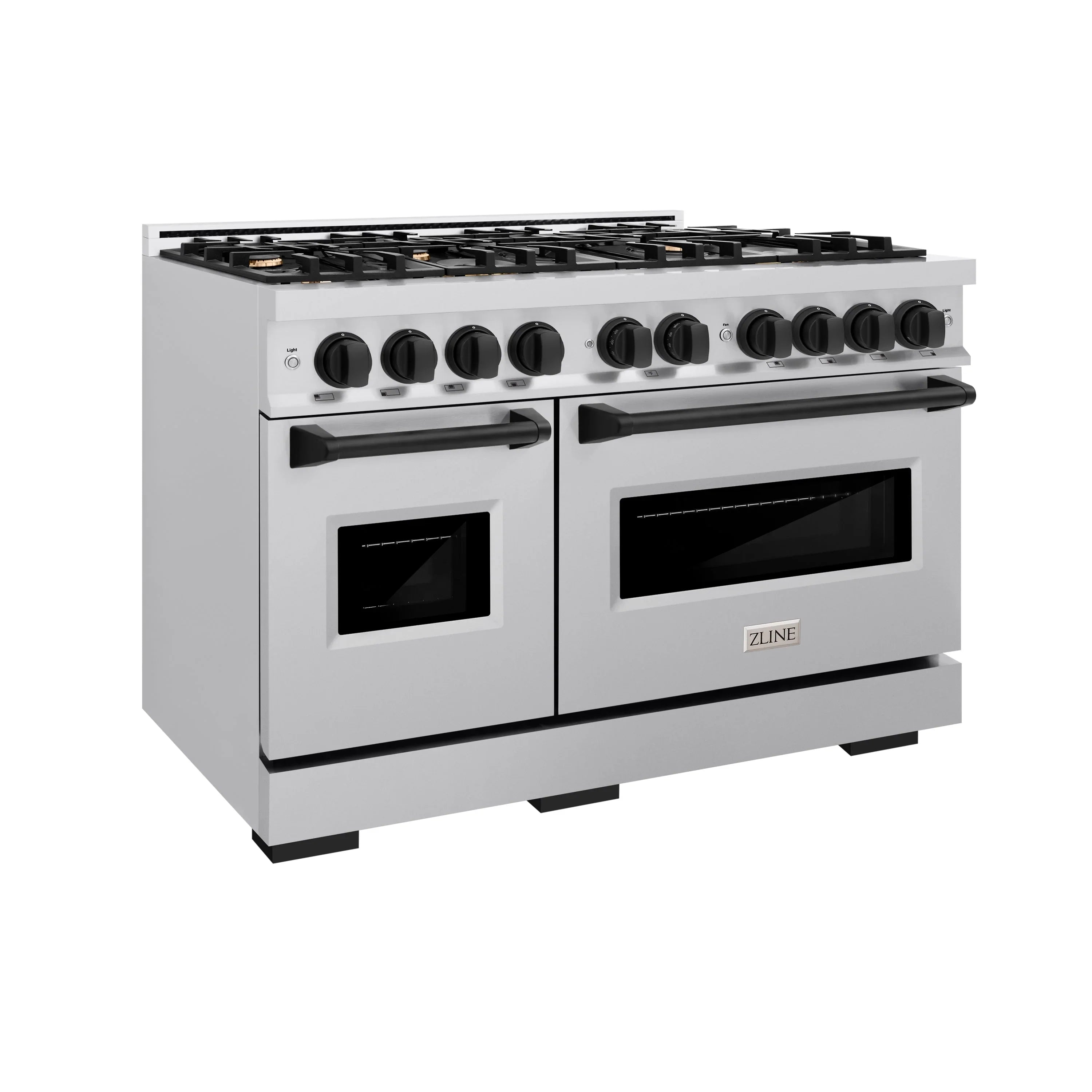 Stainless steel gas range front with control knobs, black grates, and two oven doors.
