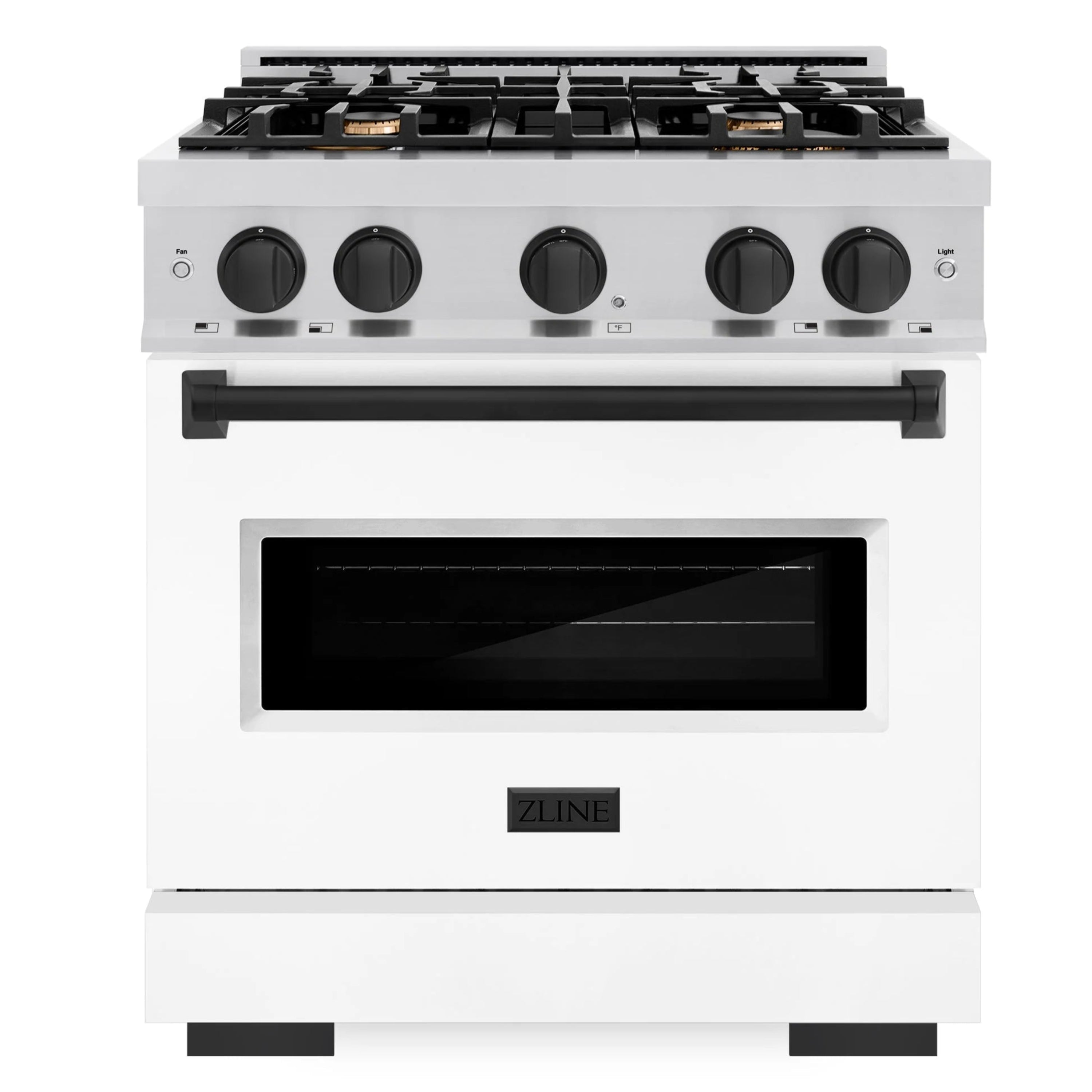 Stainless steel ZLINE gas range front with white matte oven door and black knobs