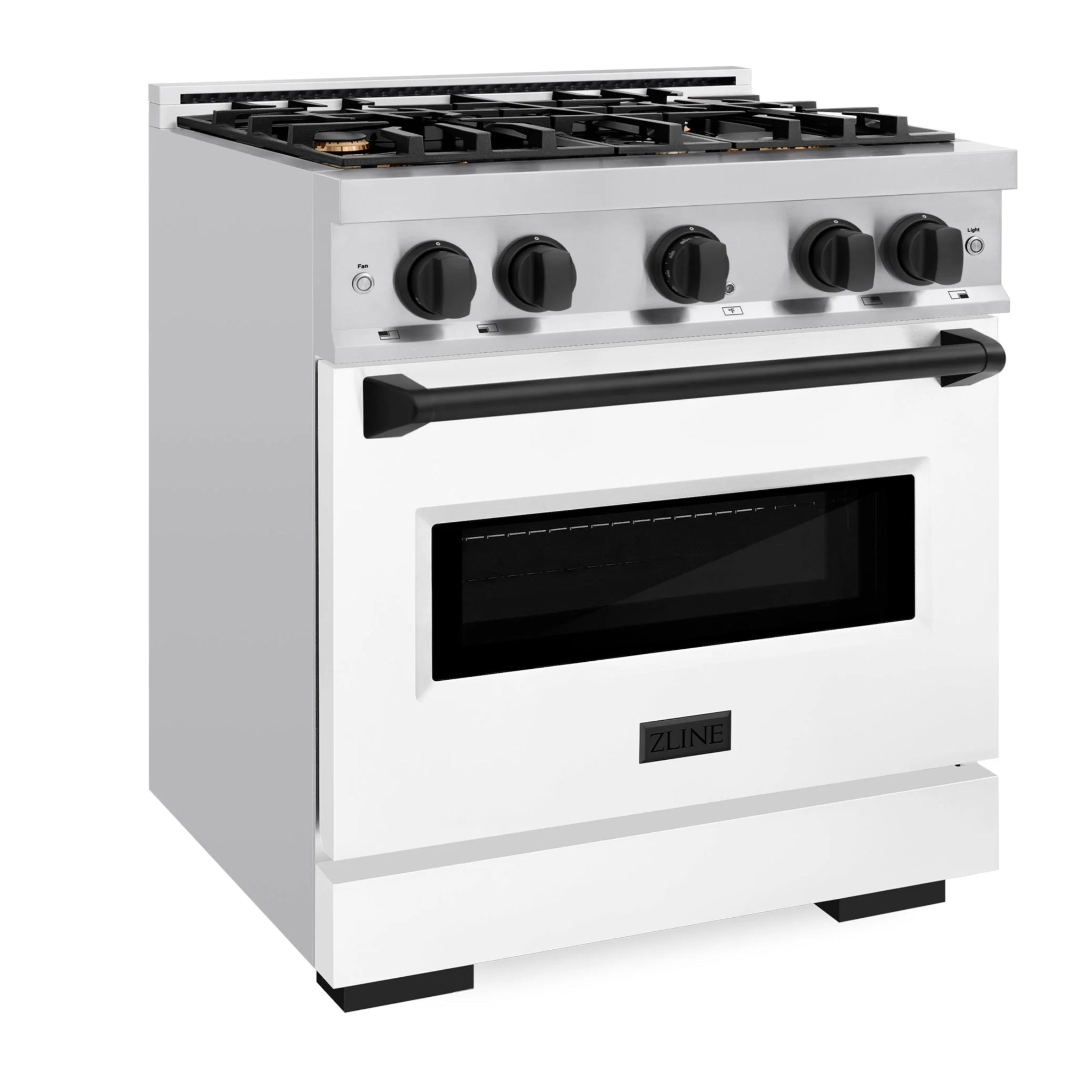 Stainless steel ZLINE gas range with white matte oven door and black control handles