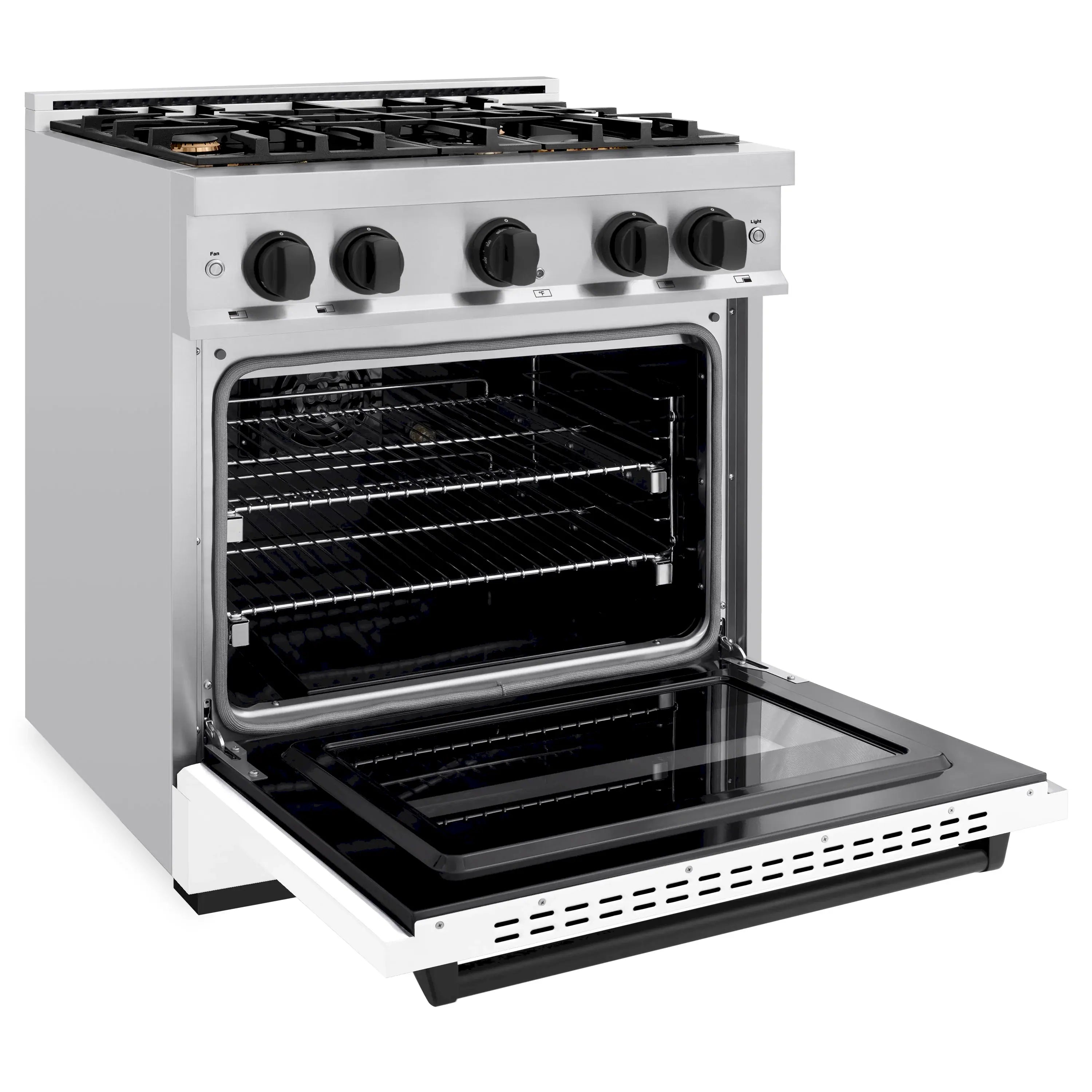 Stainless steel ZLINE gas range with open oven door showing wire racks