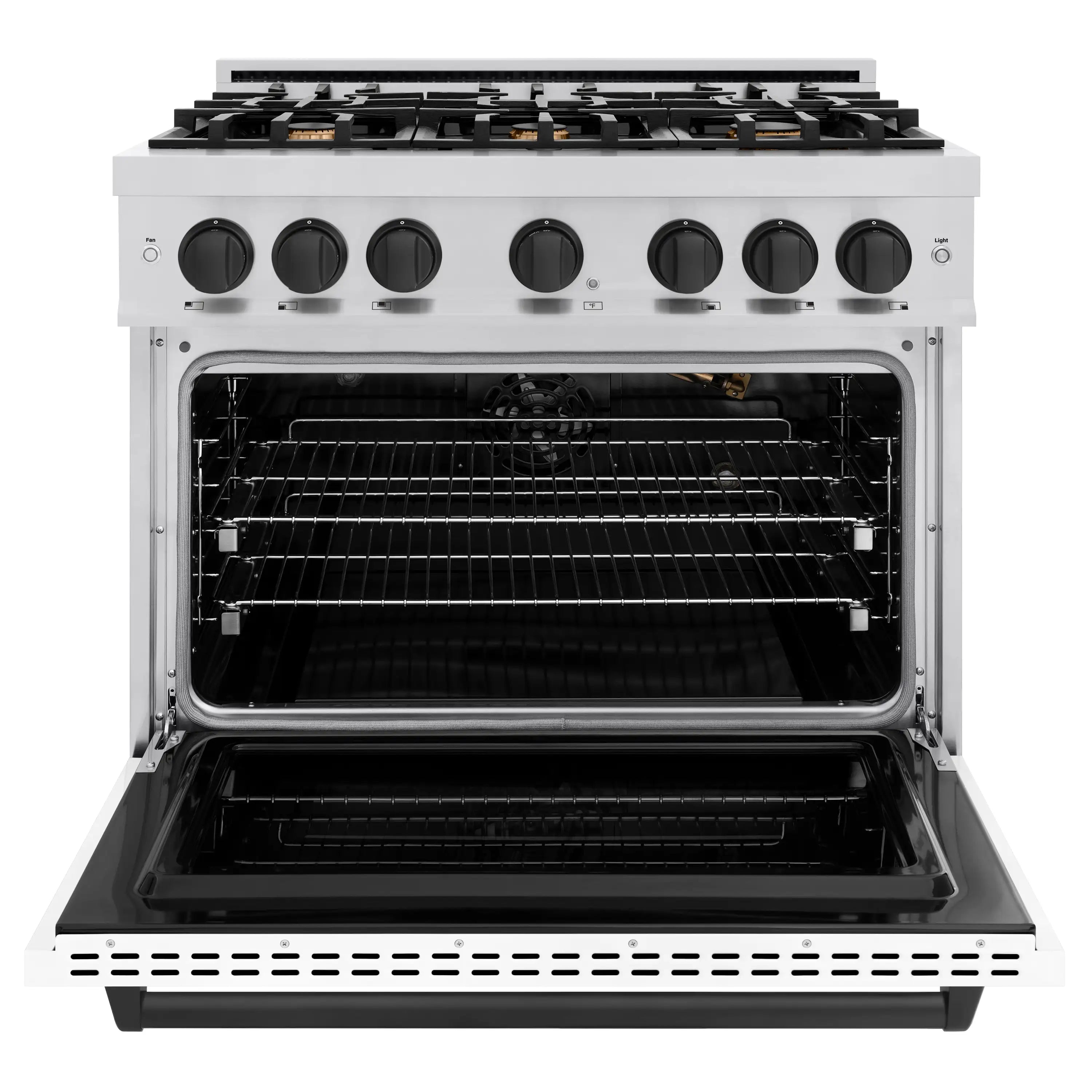 Gas range front with oven door open, showing racks and empty convection-style cavity.