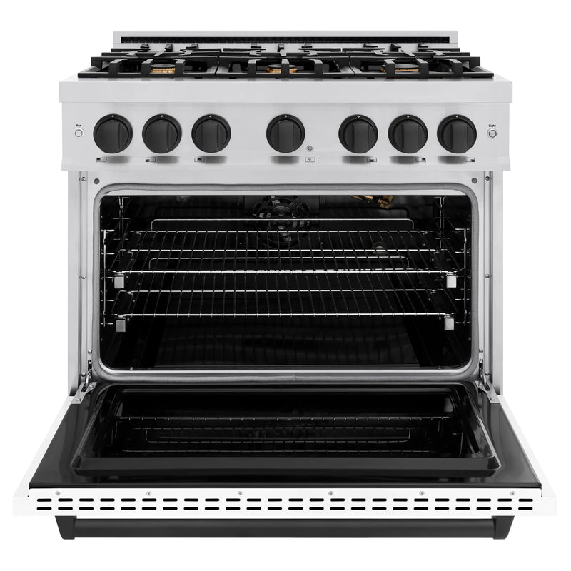 ZLINE Autograph Edition 36-Inch Classic Series Gas Range with 6 Gas Burners and 5.2 Cu. Ft. Gas Convection Oven in Stainless Steel with White Matte Door and Matte Black Accents (CGRZ-WM-36-MB)