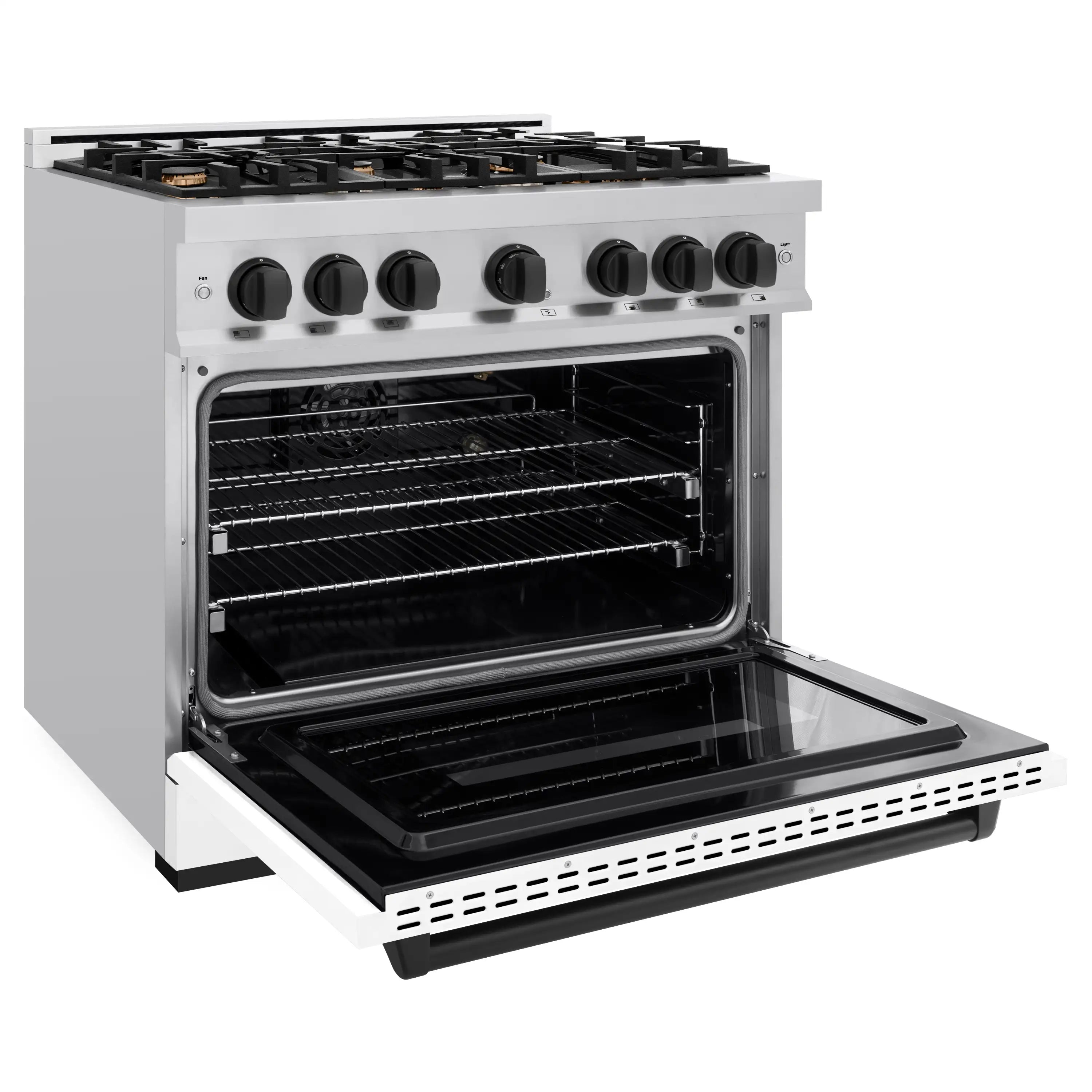 Stainless steel gas range with open convection oven and six burners, white matte door