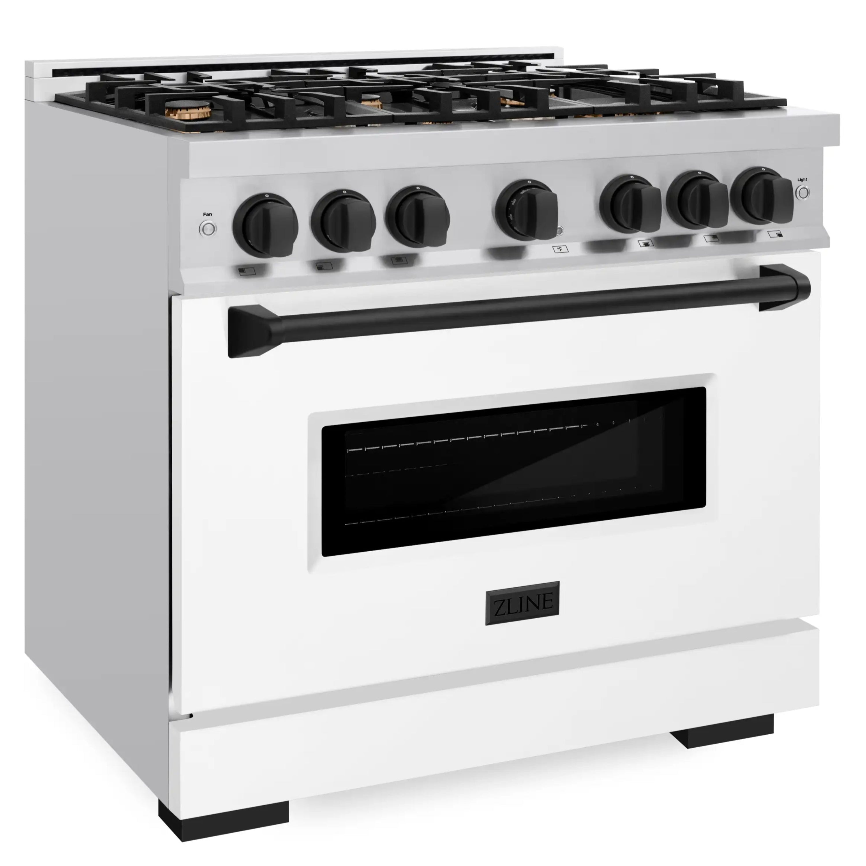 36-inch stainless gas range with black control knobs and glass oven window, front view.