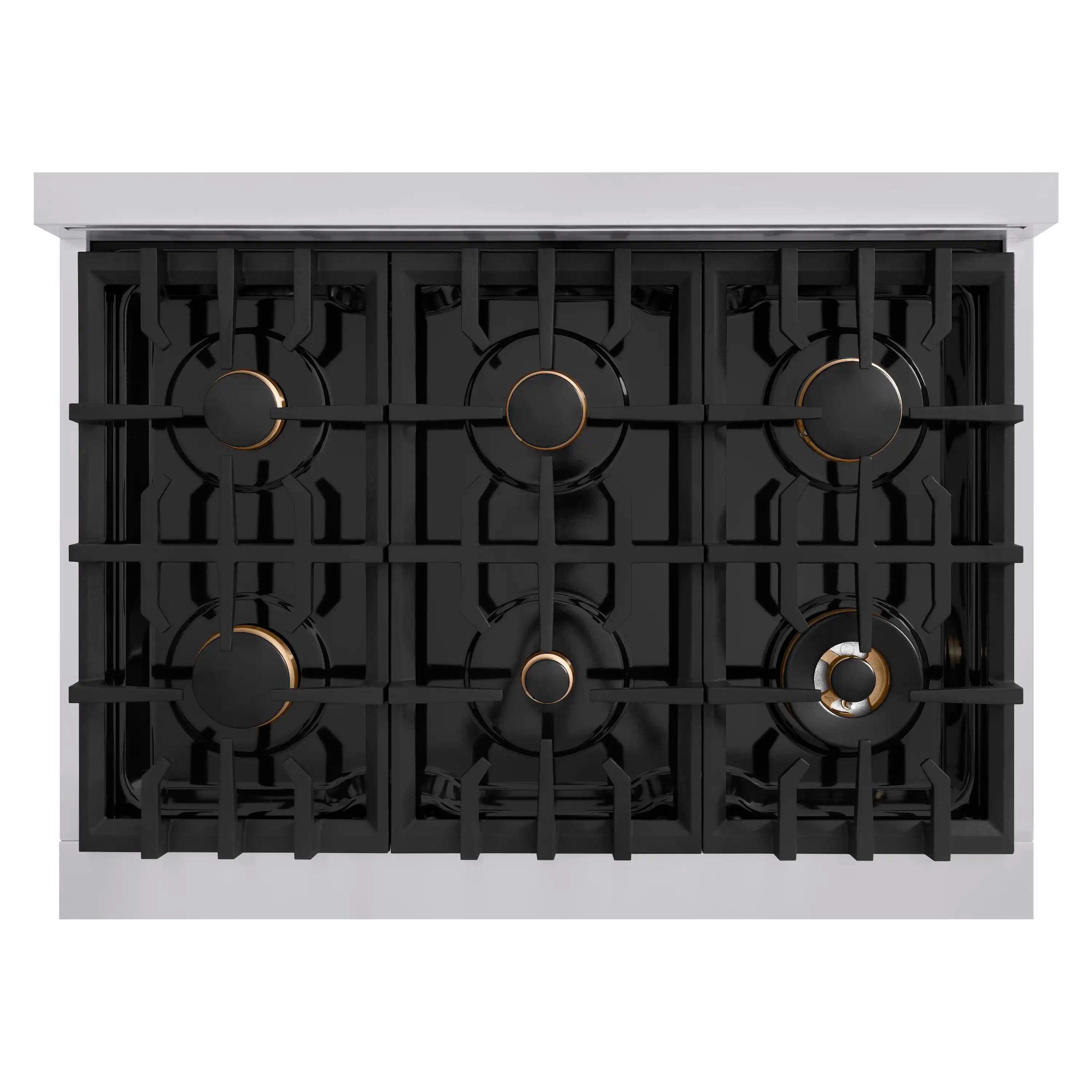 Gas range burner grate assembly with multiple black burners and circular control rings.