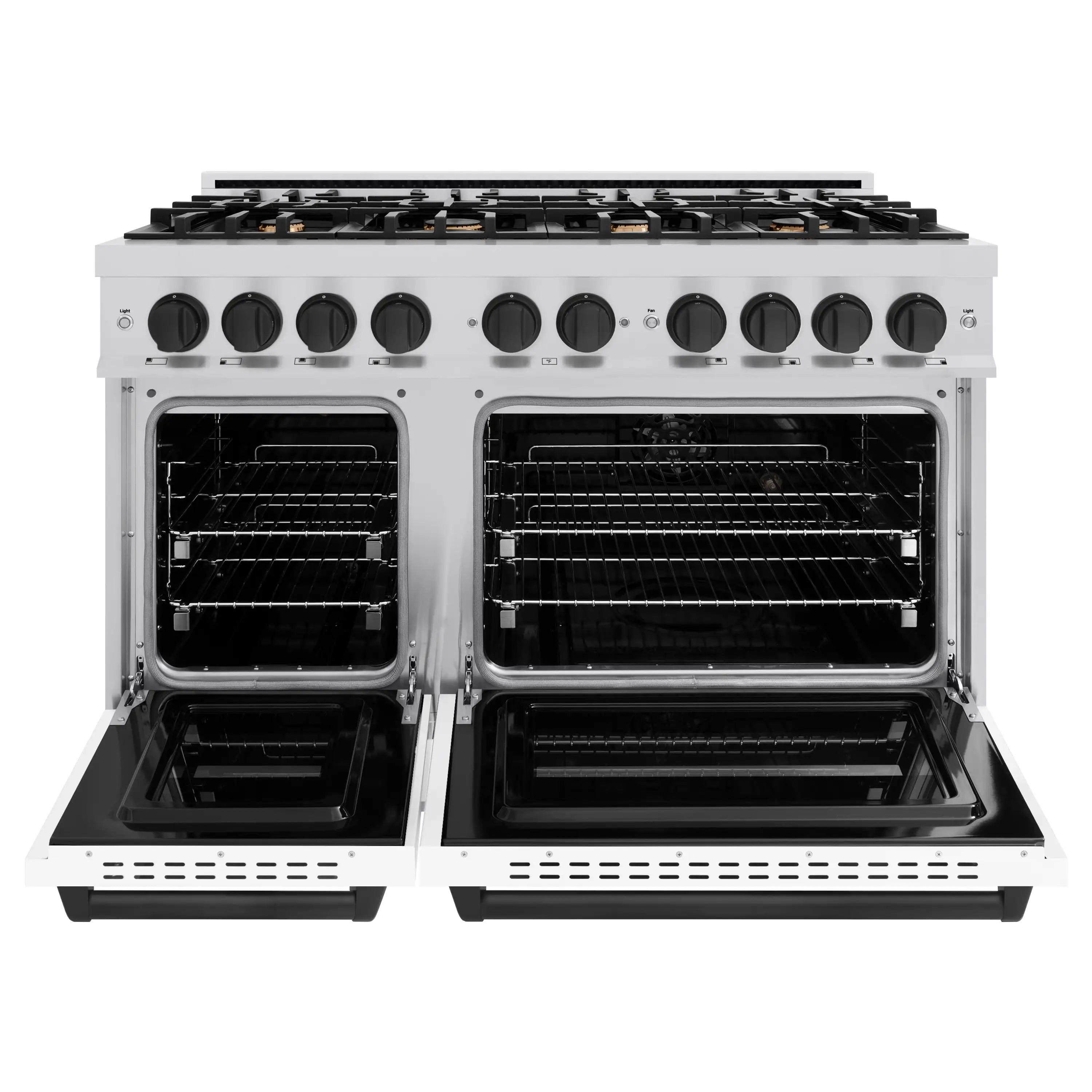Gas range with two oven doors open showing racks inside