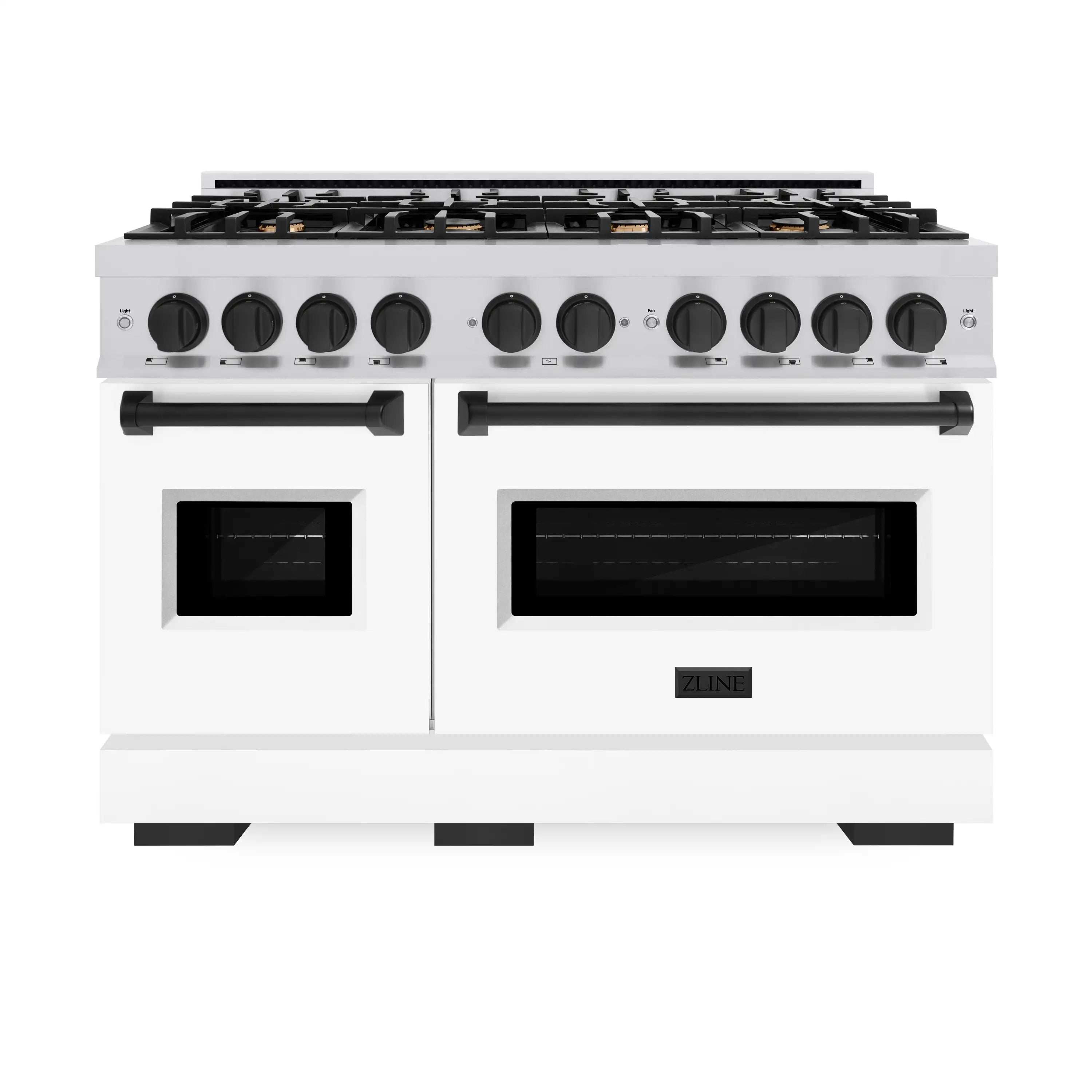 Front view gas range with stainless body, black knobs, and oven window doors