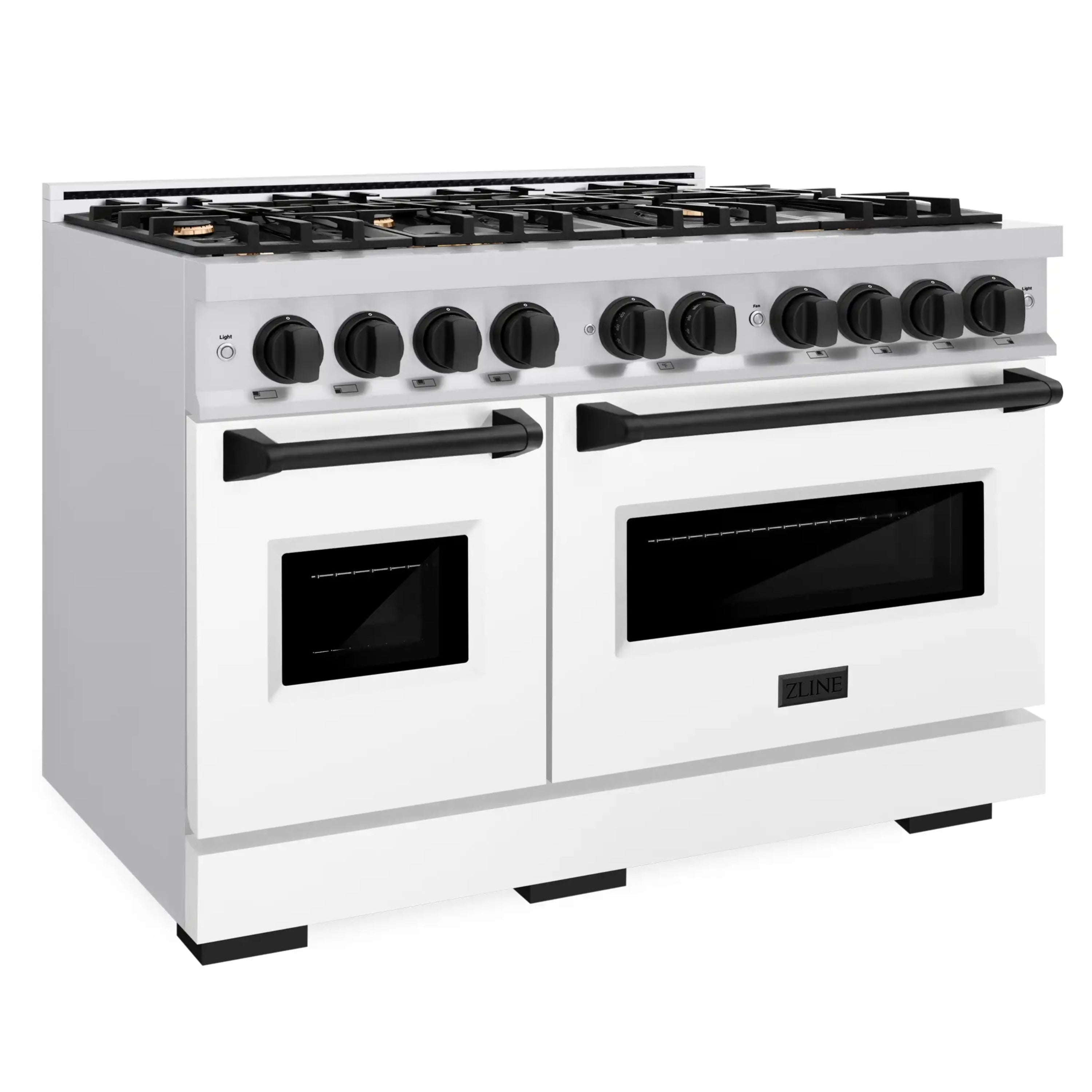 Stainless steel gas range with matte white doors, black knobs, and burner grates