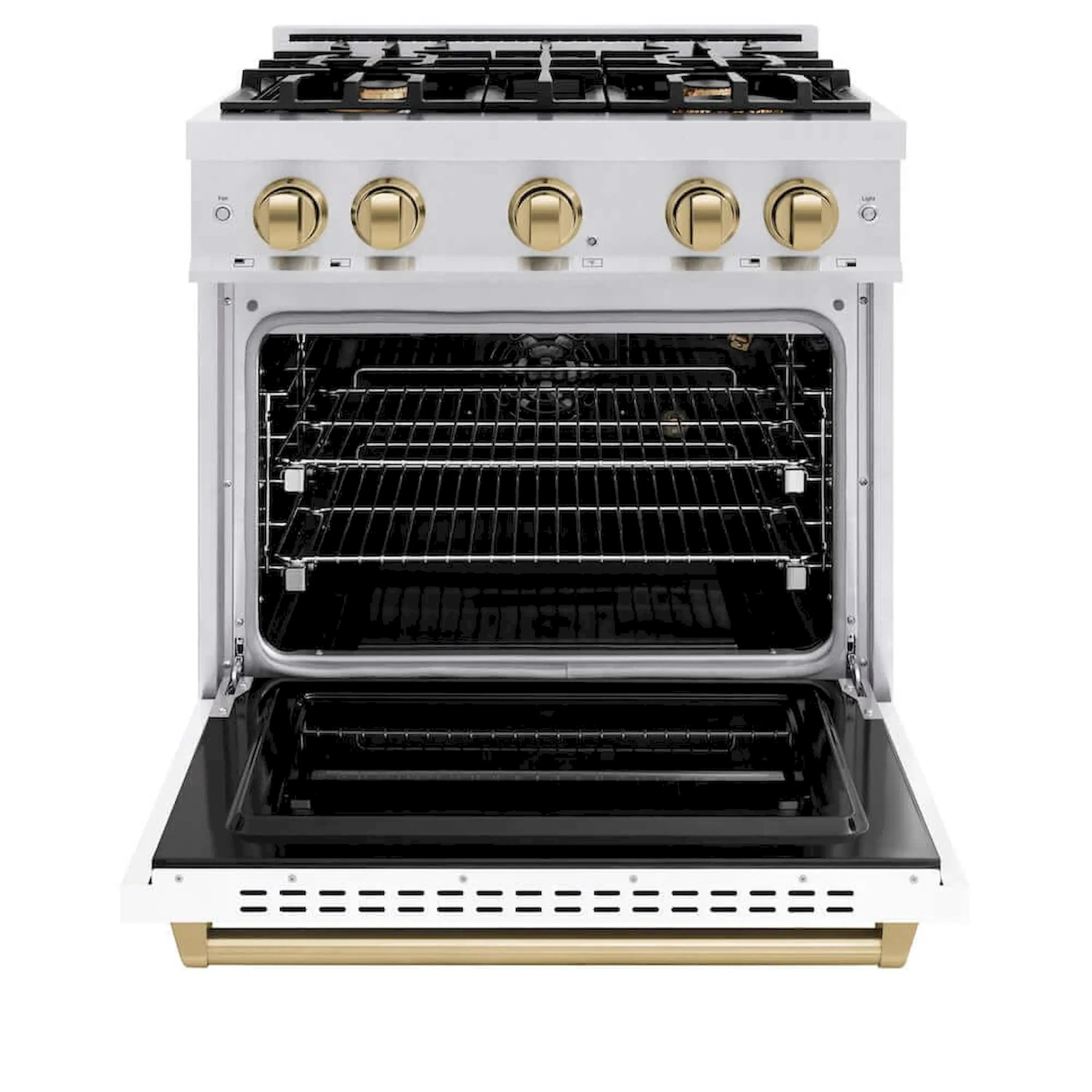 Gas range open oven cavity with black interior racks and chrome wire shelves