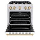 ZLINE Autograph Edition 30-Inch Classic Series Gas Range with 4 Gas Burner Cooktop and 4.2 Cu. Ft. Gas Convection Oven  in Satin Stainless Steel with White Matte Door and Champagne Bronze Accents (CGRSZ-WM-30-CB)