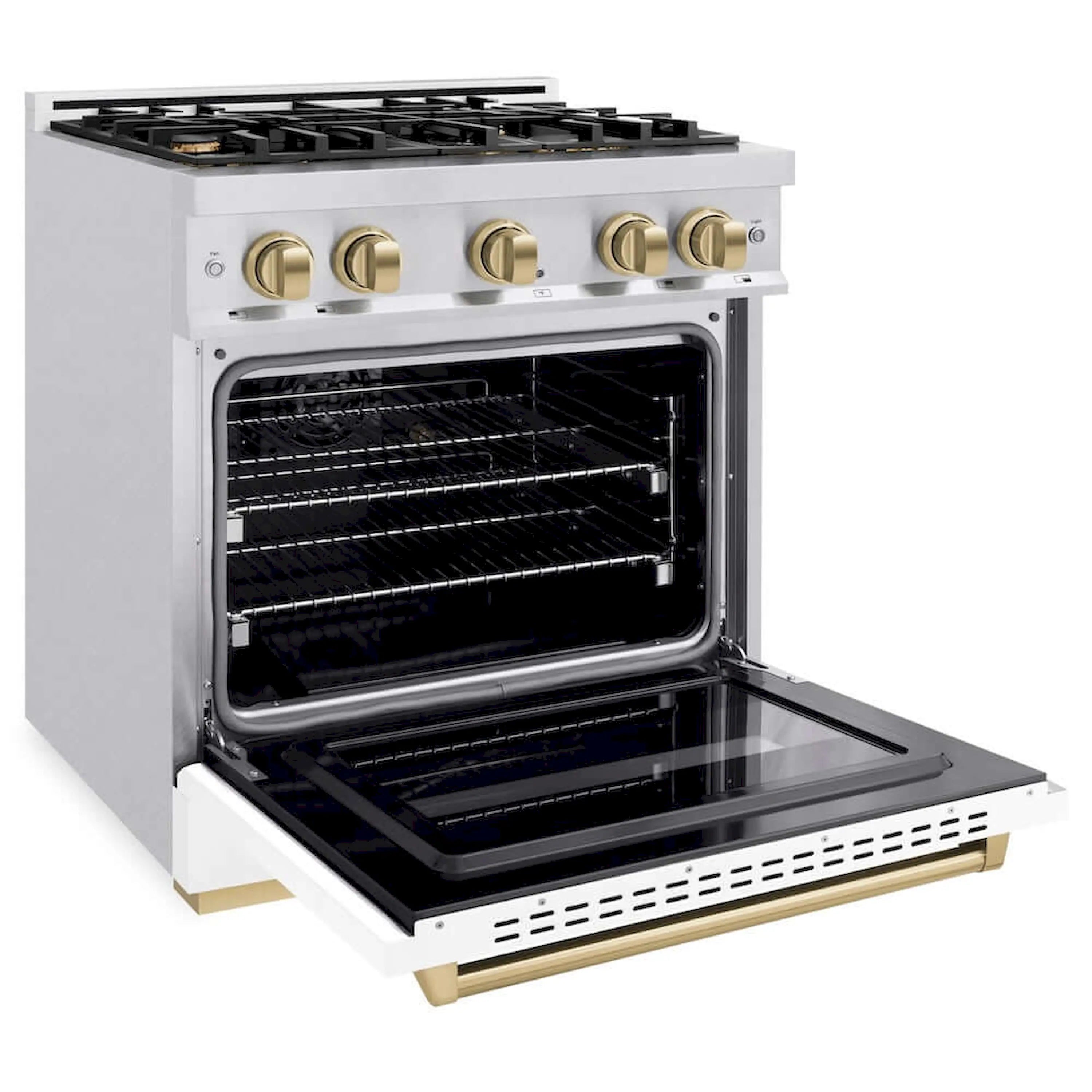 Gas range cooktop and open oven door with black racks and gold accent base
