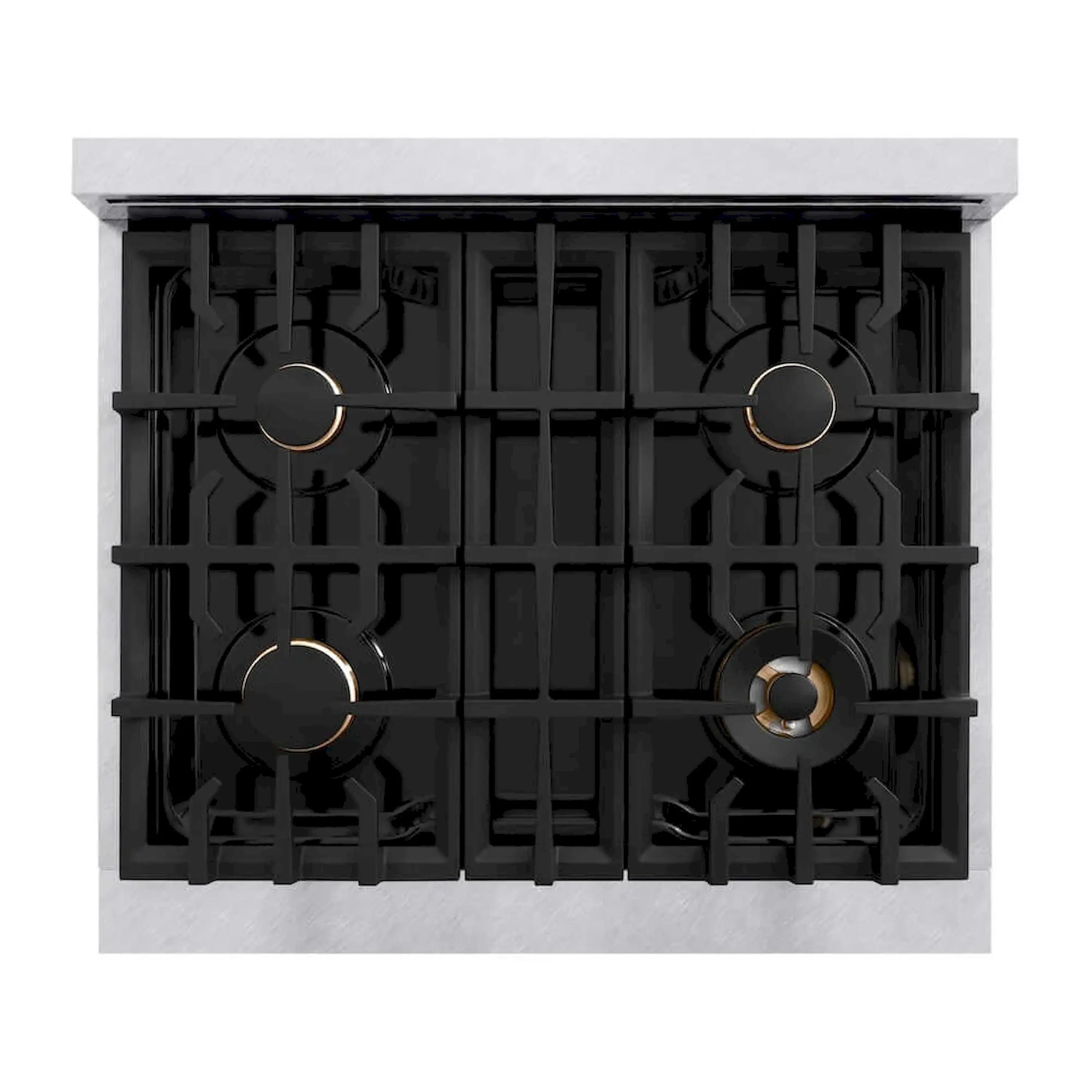 Gas range cooktop with four black burners and round champagne-gold knob caps