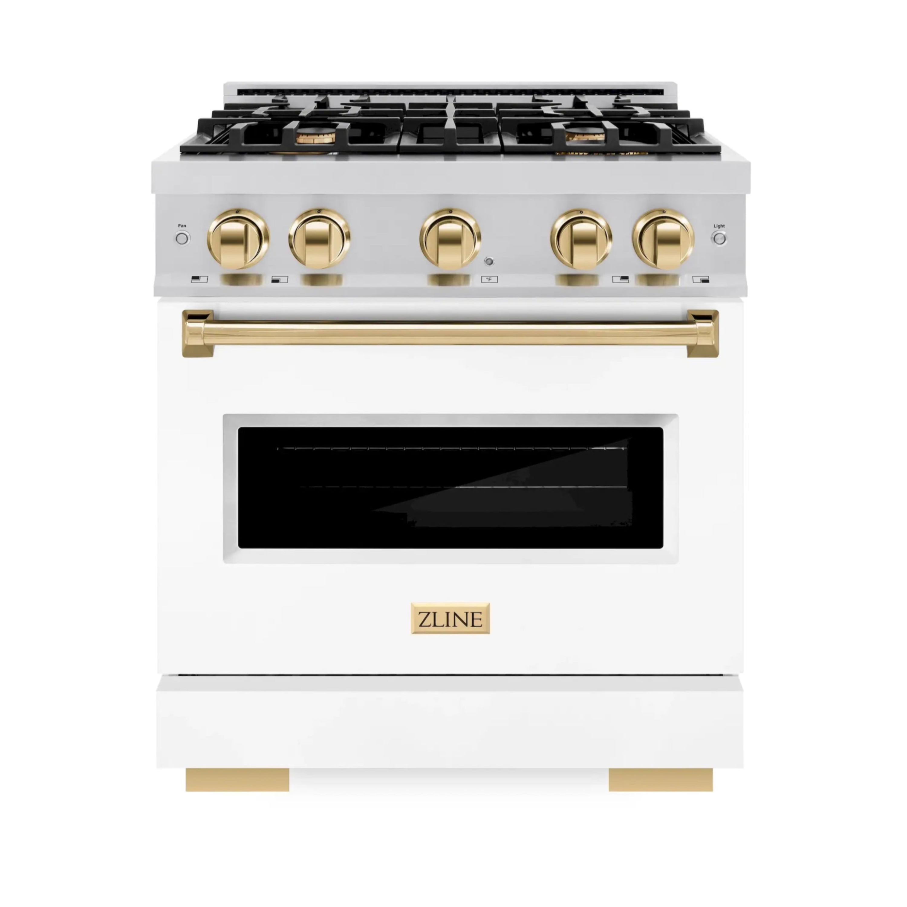 White gas range front with four burners, gold knobs, and black oven window