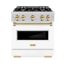 ZLINE Autograph Edition 30-Inch Classic Series Gas Range with 4 Gas Burner Cooktop and 4.2 Cu. Ft. Gas Convection Oven  in Satin Stainless Steel with White Matte Door and Polished Gold Accents (CGRSZ-WM-30-G)