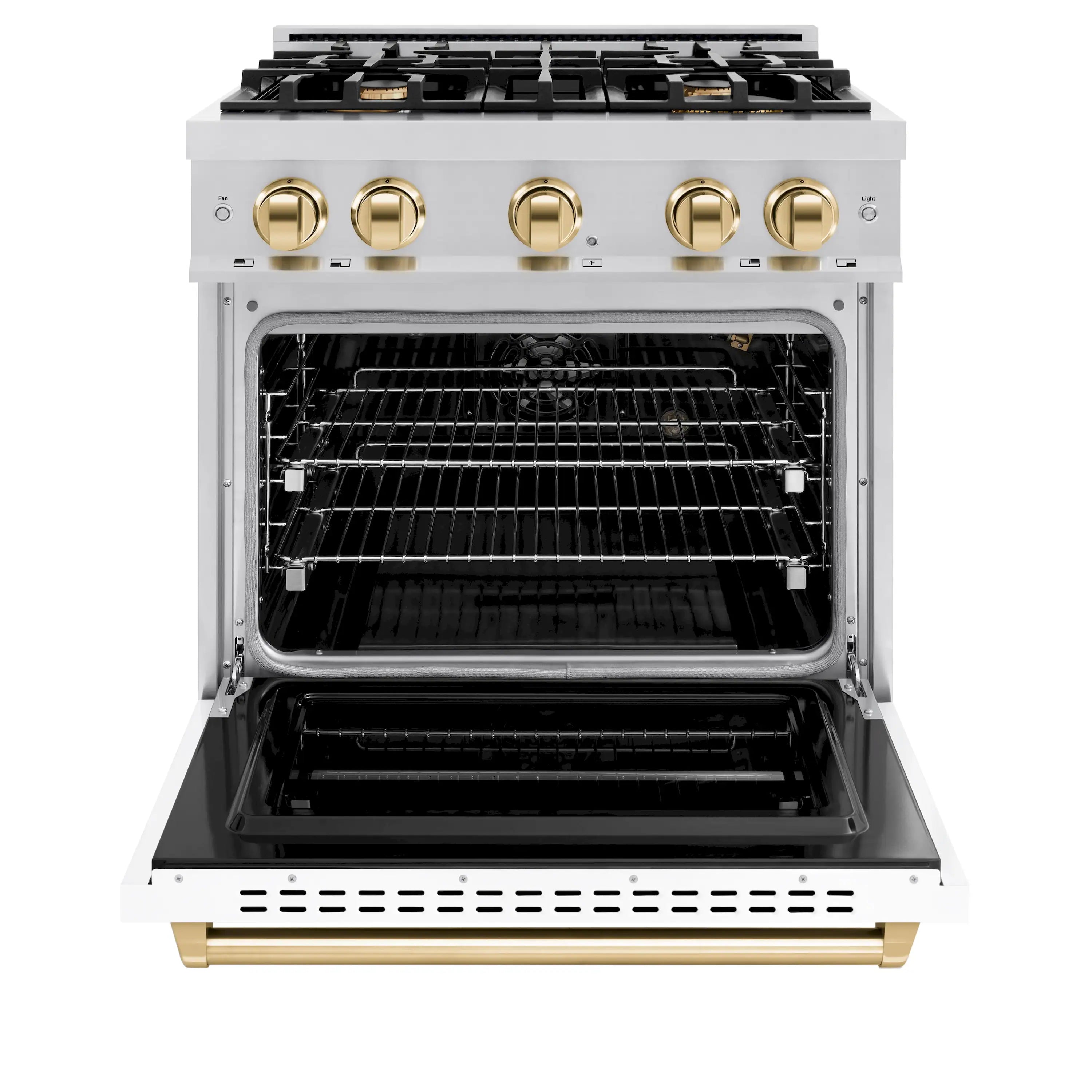 White gas range with open oven door, racks, and gold bottom trim