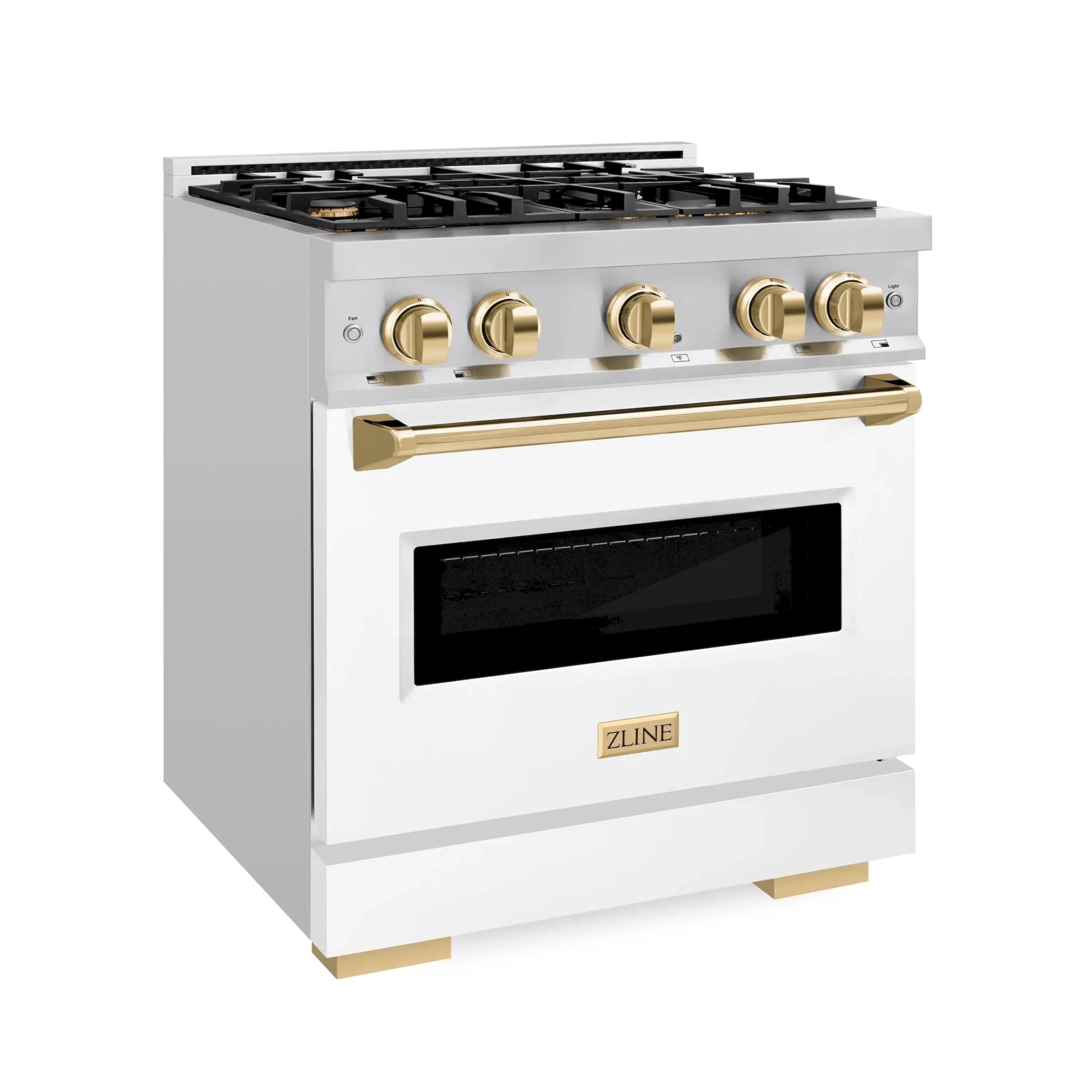 White gas range side view with four burners, gold knobs, and oven door window