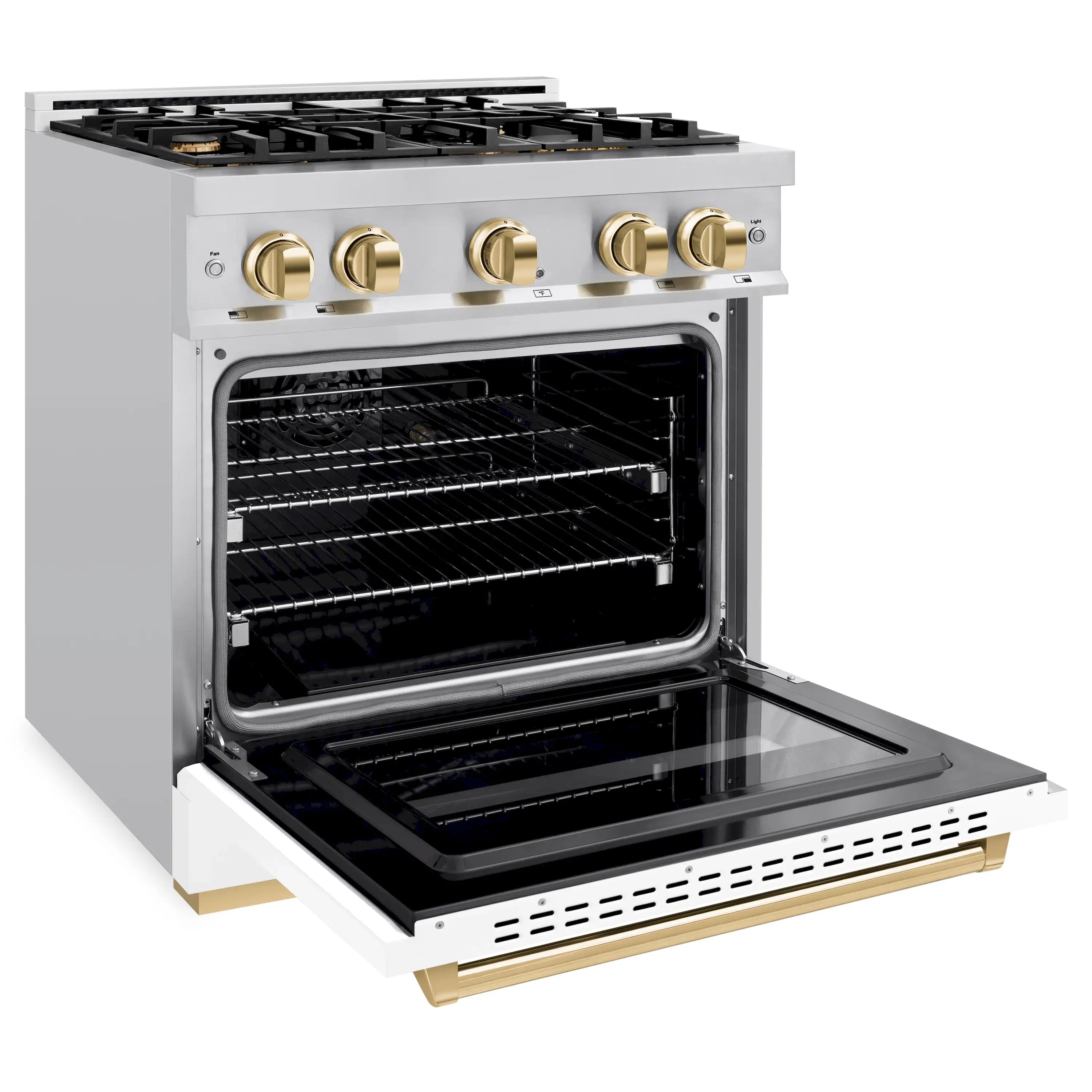 White gas range with open oven door and gold trim accents