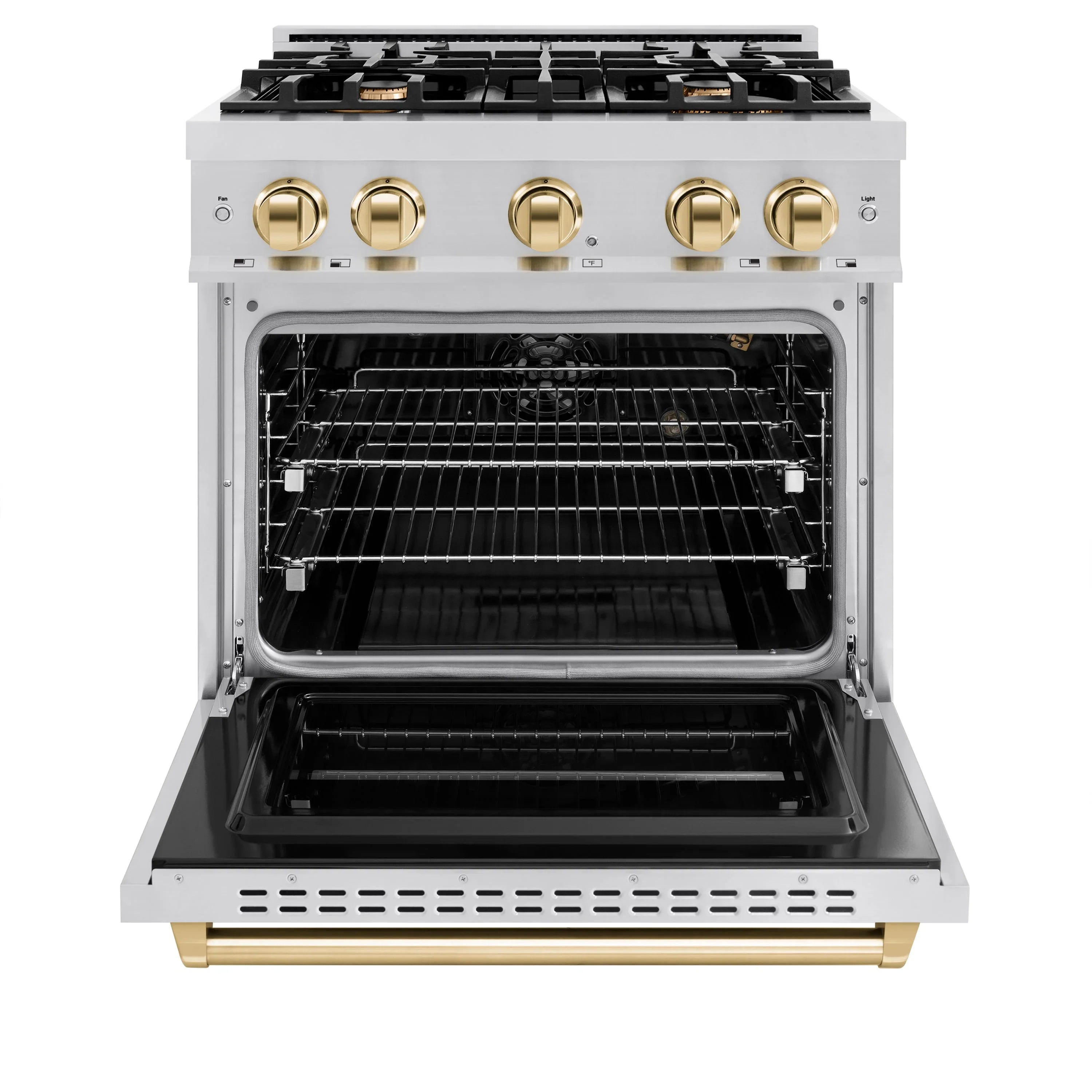 Stainless steel gas range with open oven door and gold control knobs