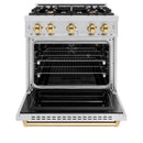 ZLINE 4-Piece Appliance Package - 30-Inch Gas Range, Hood, Refrigerator with Water Dispenser, and Dishwasher in Stainless Steel with Gold Accents