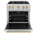 ZLINE 5-Piece Appliance Package - 30-Inch Gas Range, Hood, Refrigerator with Water Dispenser, Dishwasher, and Microwave Drawer in Stainless Steel with Gold Accents