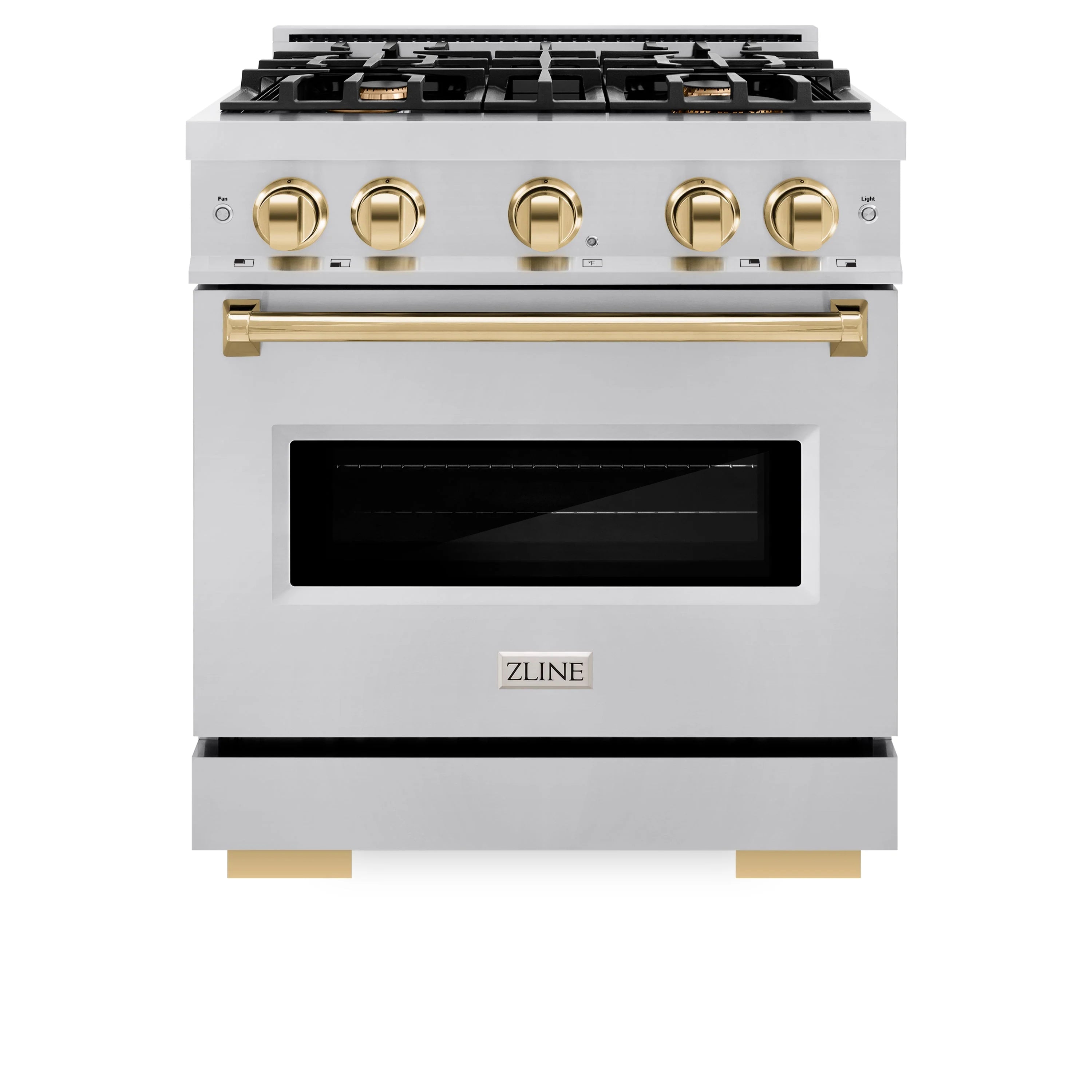 Stainless gas range front view with four burners, gold knobs, and oven window