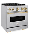 ZLINE 4-Piece Appliance Package - 30-Inch Gas Range, Hood, Refrigerator with Water Dispenser, and Dishwasher in Stainless Steel with Gold Accents