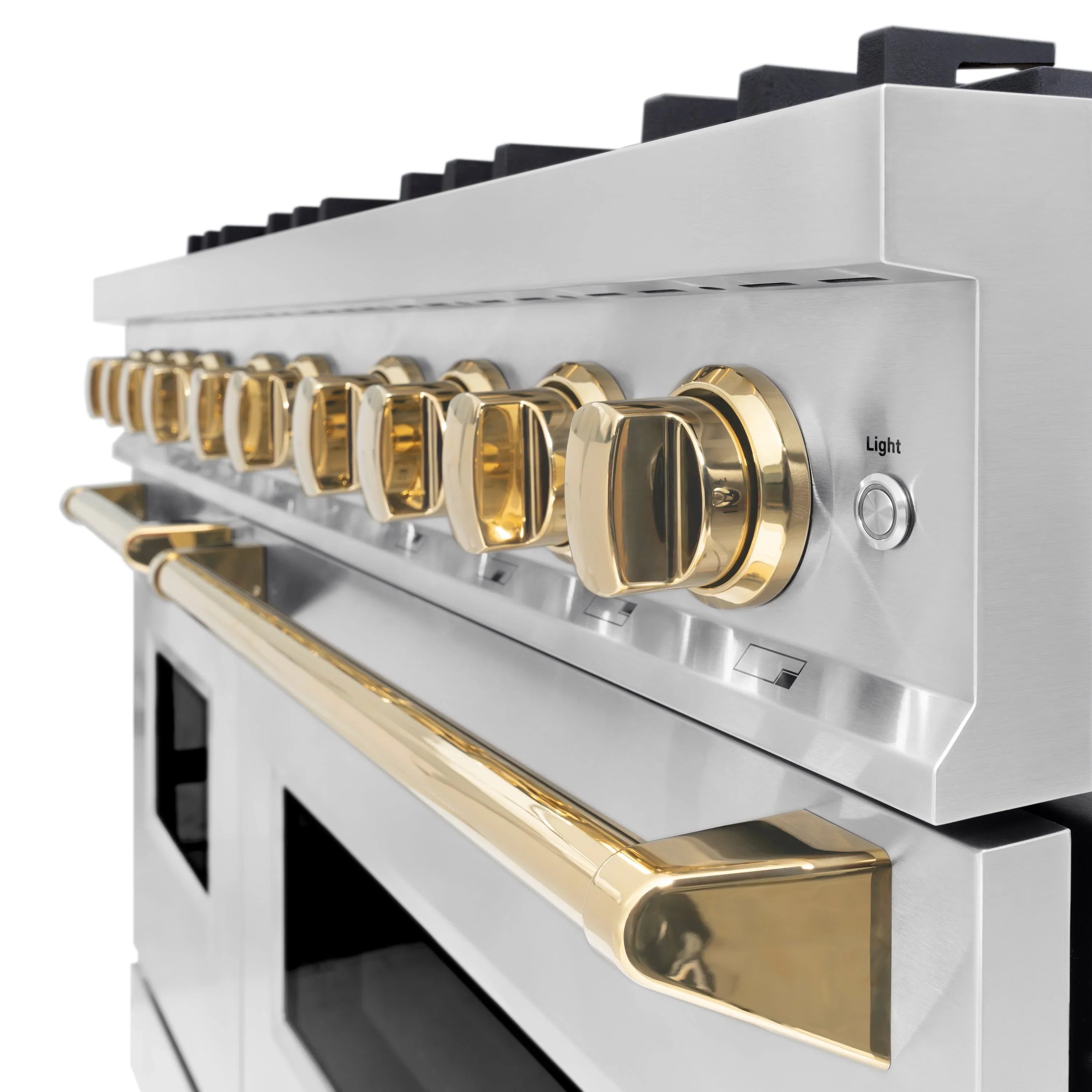 Stainless gas range control panel with gold knobs and a “Light” setting