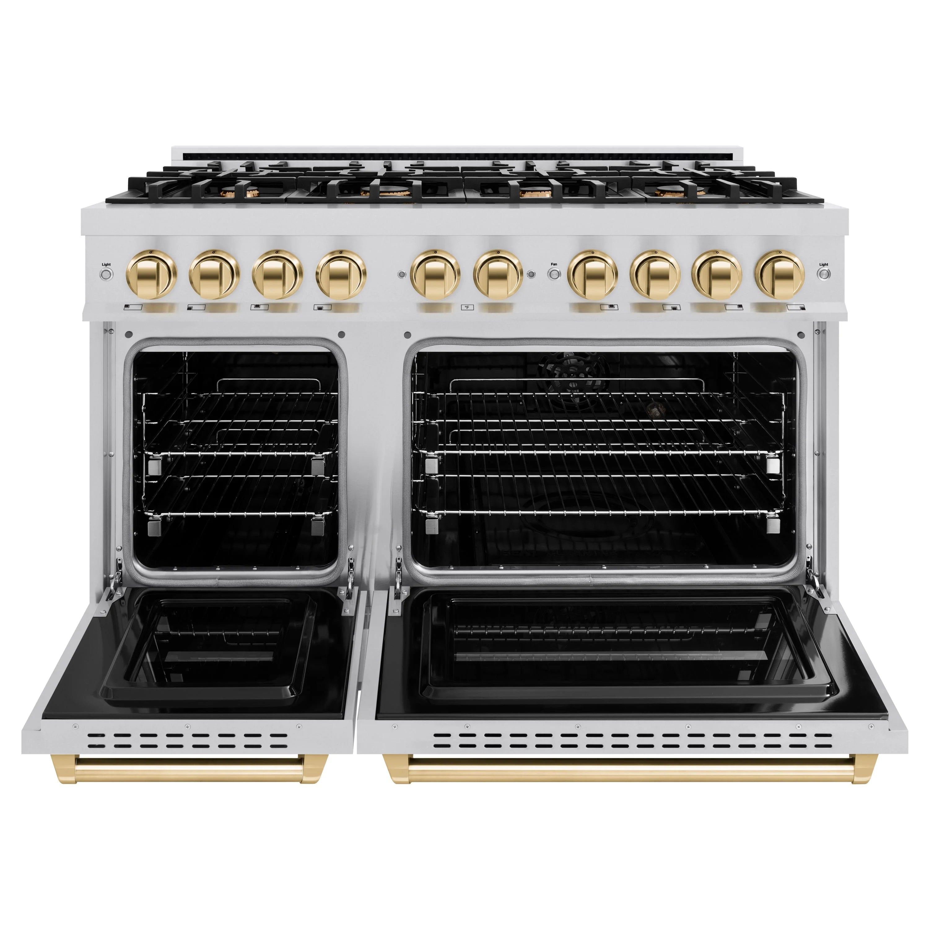 Stainless gas range with two oven doors open and gold trim handles