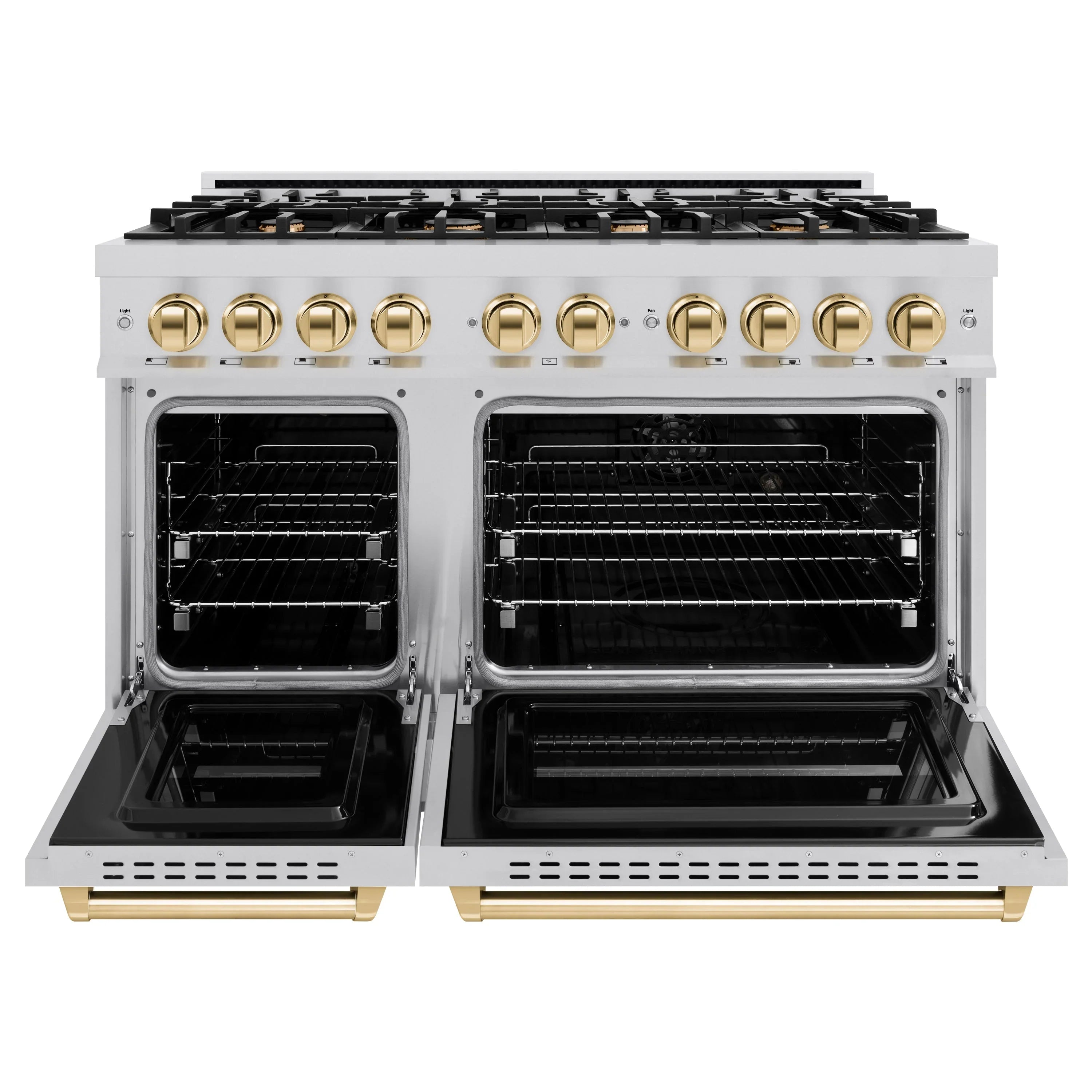 Stainless gas range with two open ovens and gold-accent drawer handles