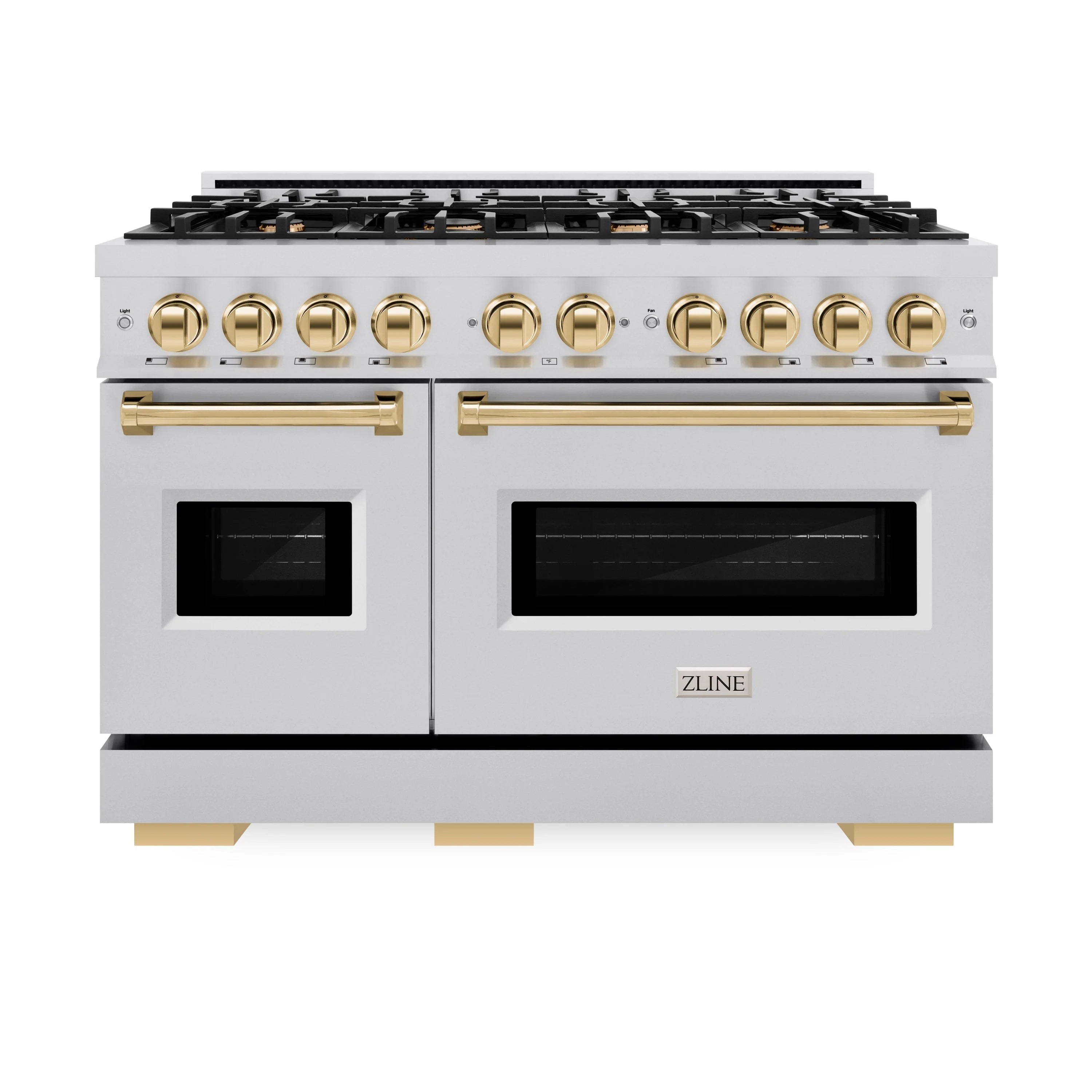 Stainless gas range with gold control knobs, double oven windows, and 8-burner cooktop