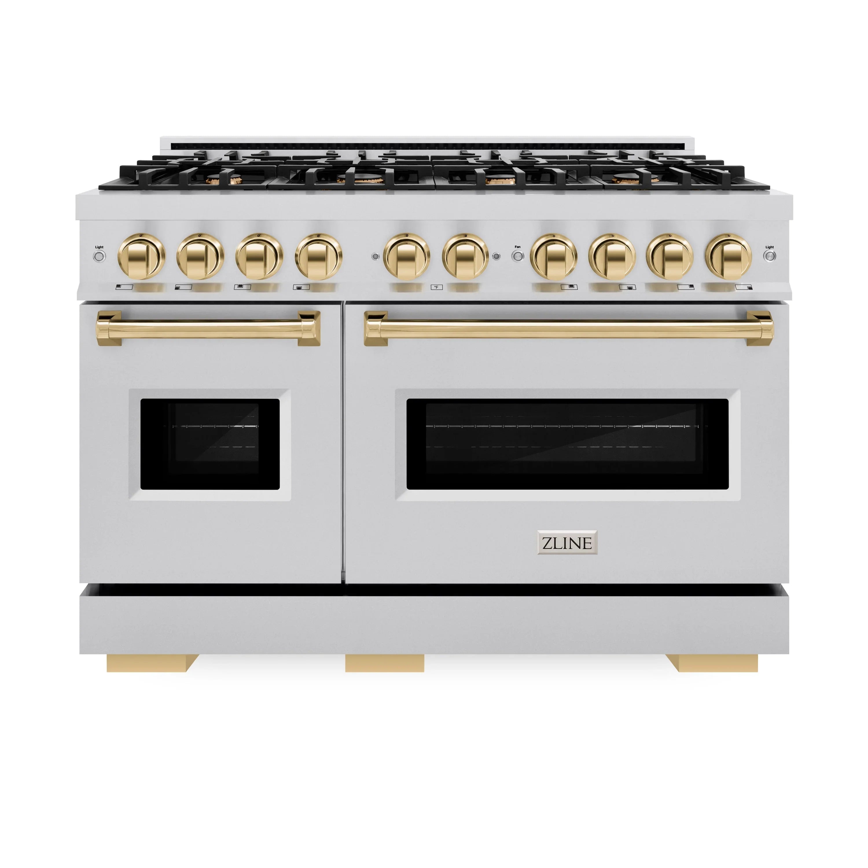 Stainless steel 48-inch gas range with gold knobs and dual oven glass doors