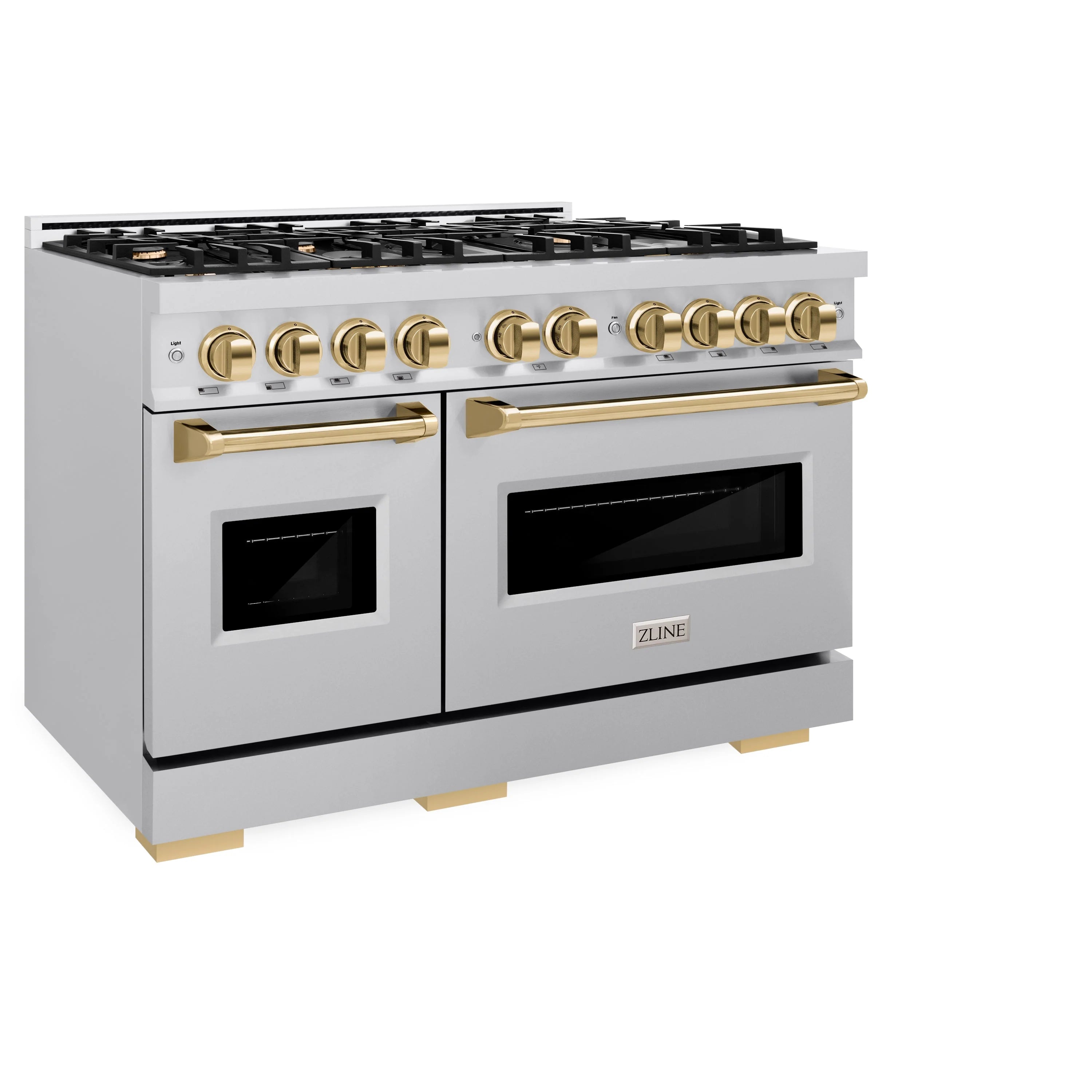 Stainless gas range with gold knobs, dual oven windows, and 8-burner cooktop