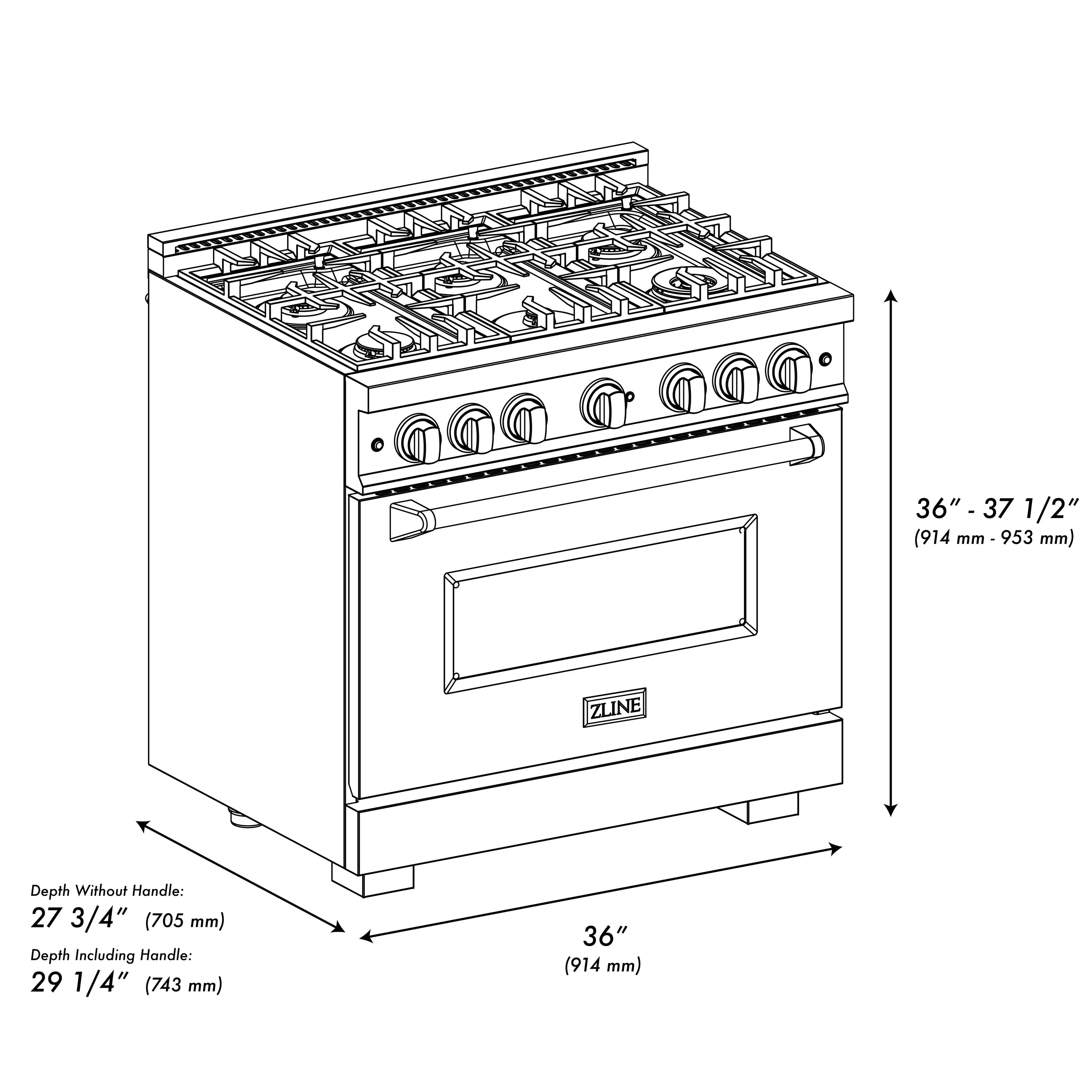 Technical line diagram of stainless gas range with cooktop, oven, and size dimensions