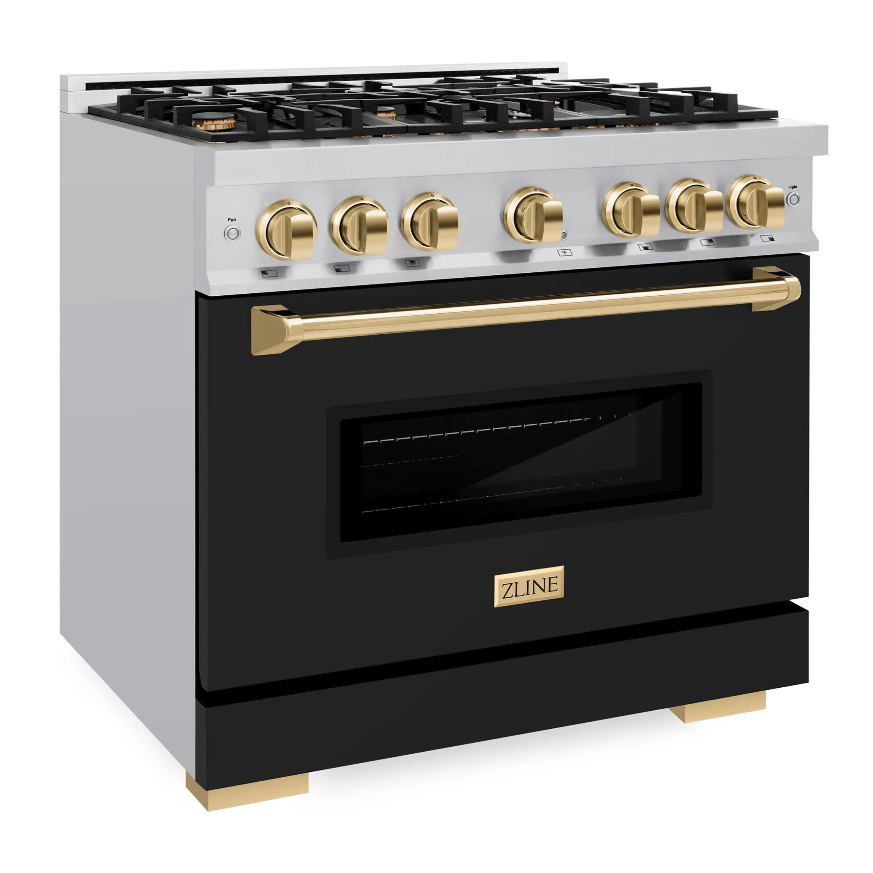 Stainless gas range front with open black oven door and gold oven handle