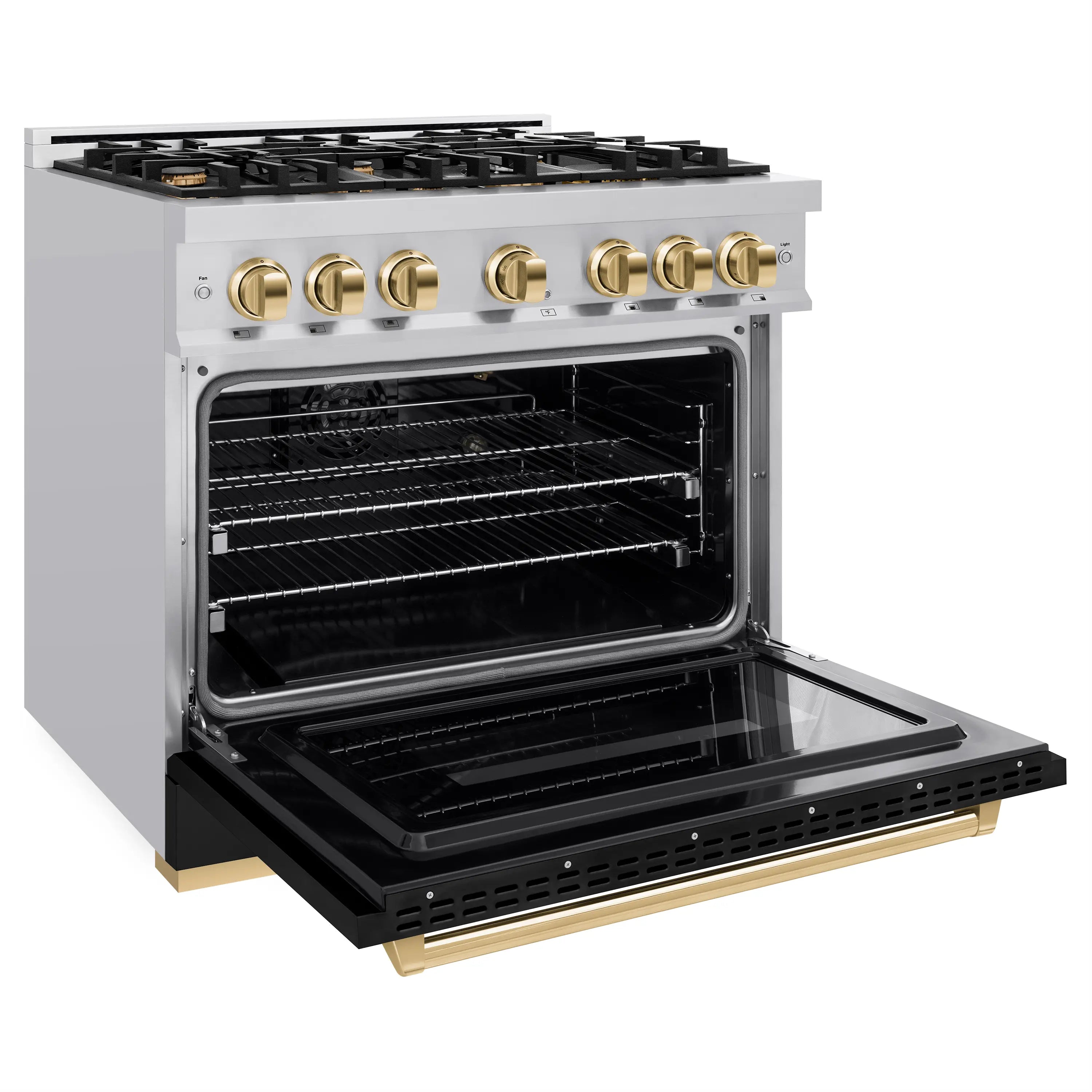 Stainless steel gas range with open black convection oven door and gold control knobs
