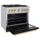 ZLINE Autograph Edition 36-Inch Classic Series Gas Range with 6 Gas Burners and 5.2 Cu. Ft. Gas Convection Oven in Stainless Steel with Black Matte Door and Polished Gold Accents (CGRZ-BLM-36-G)
