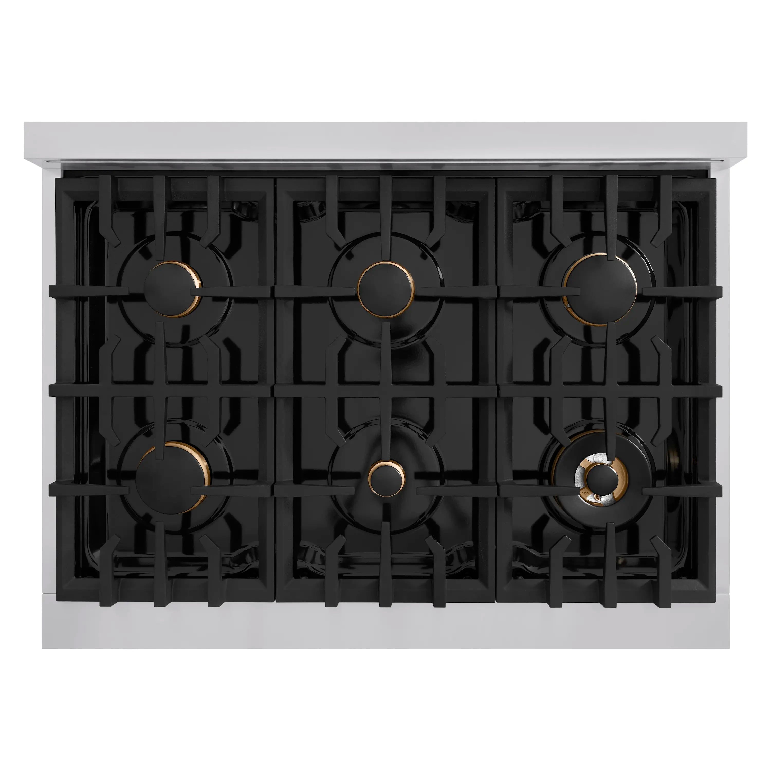 Black gas cooktop with stainless frame and gold-accented burner control knobs