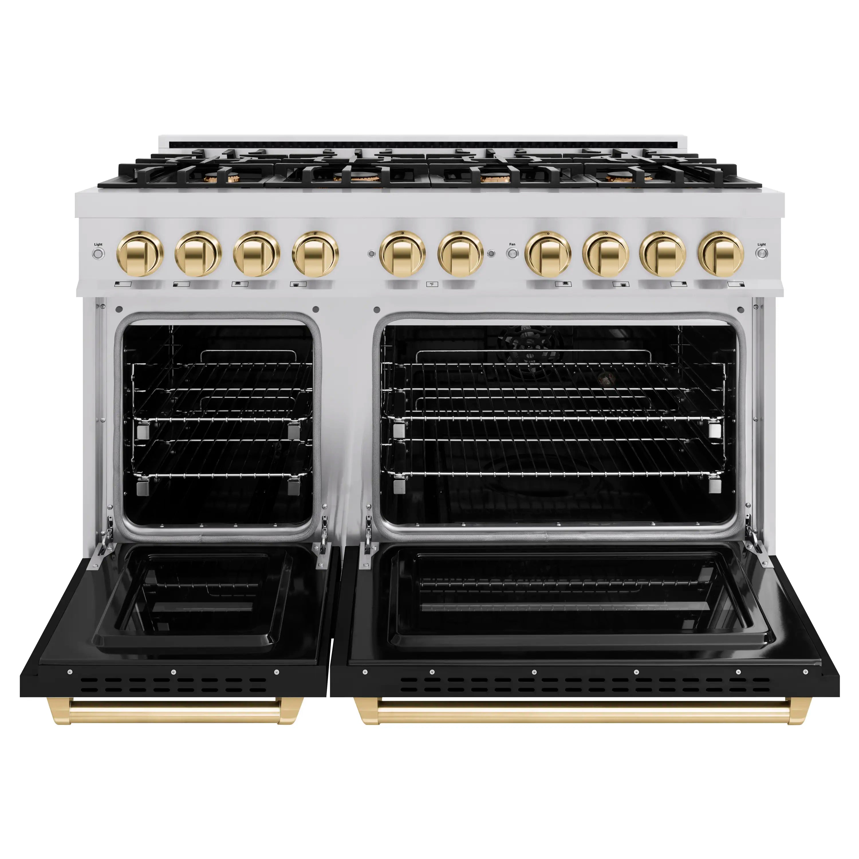 Open gas oven with two racks, black interiors, and stainless frame