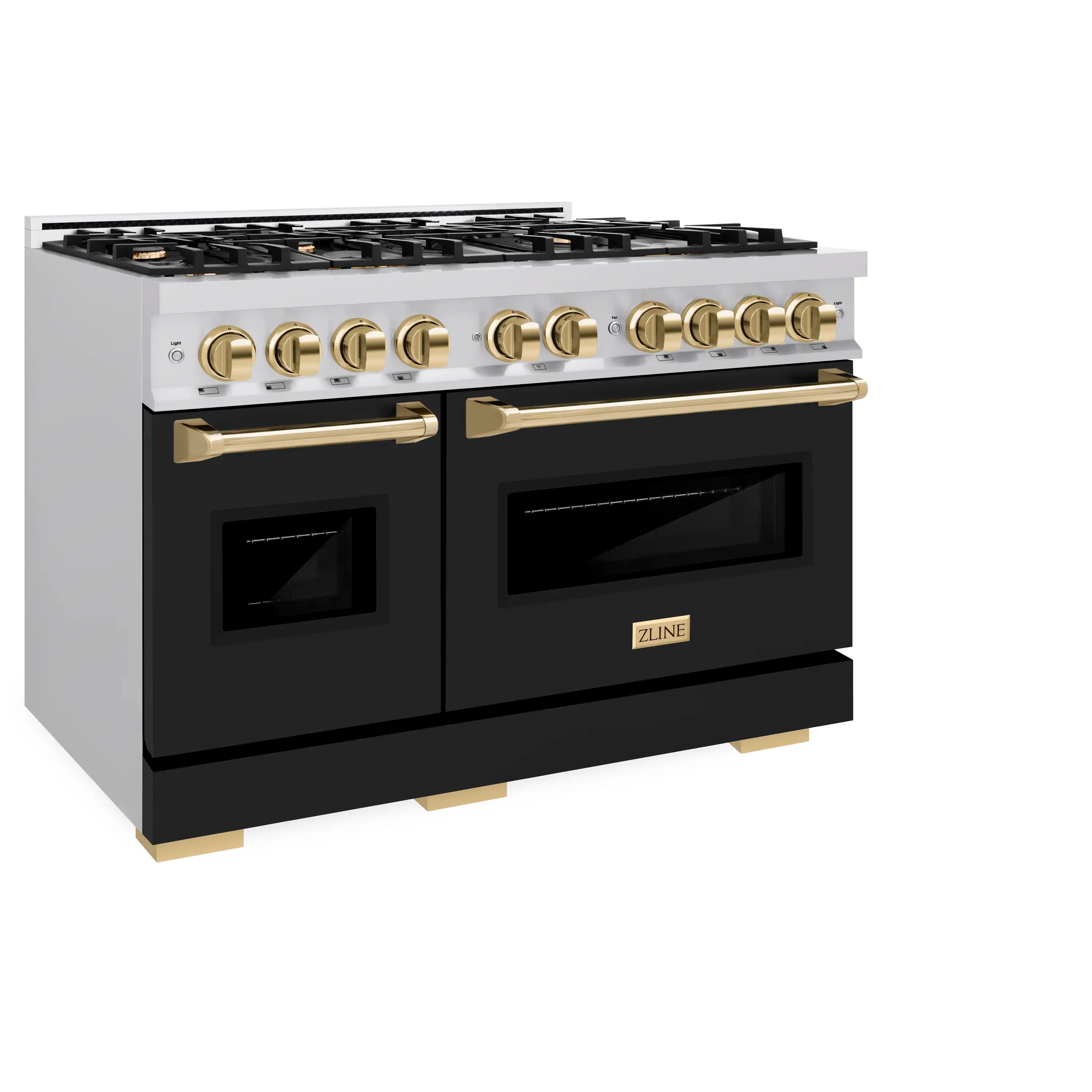 Gas range side-front view with black doors, gold handles, and control knobs