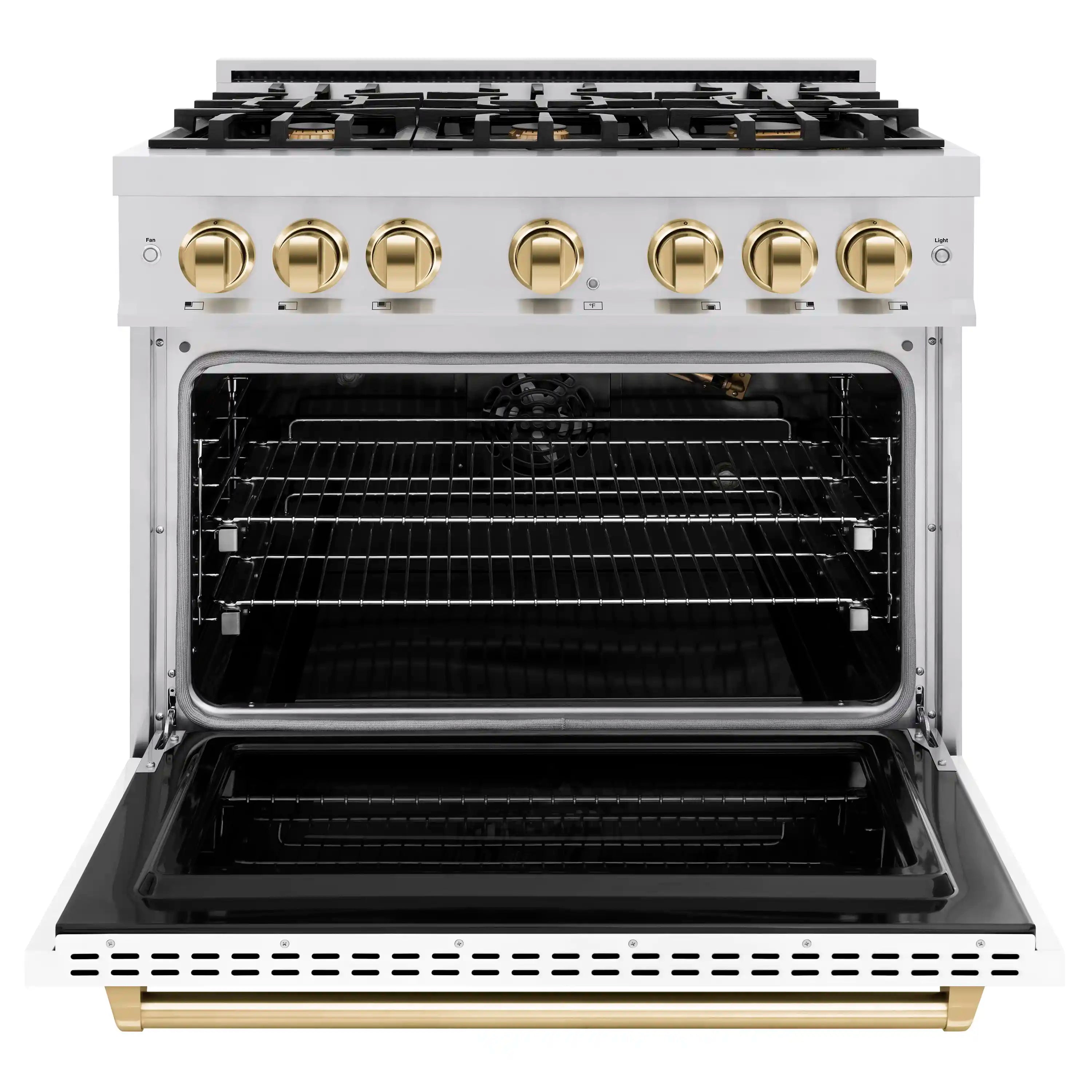 Gas range with open oven door showing baking racks and interior cavity