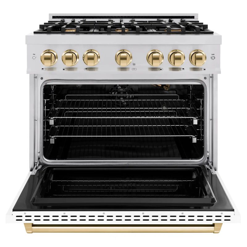 ZLINE Autograph Edition 36-Inch Classic Series Gas Range with 6 Gas Burners and 5.2 Cu. Ft. Gas Convection Oven in Stainless Steel with White Matte Door and Polished Gold Accents (CGRZ-WM-36-G)