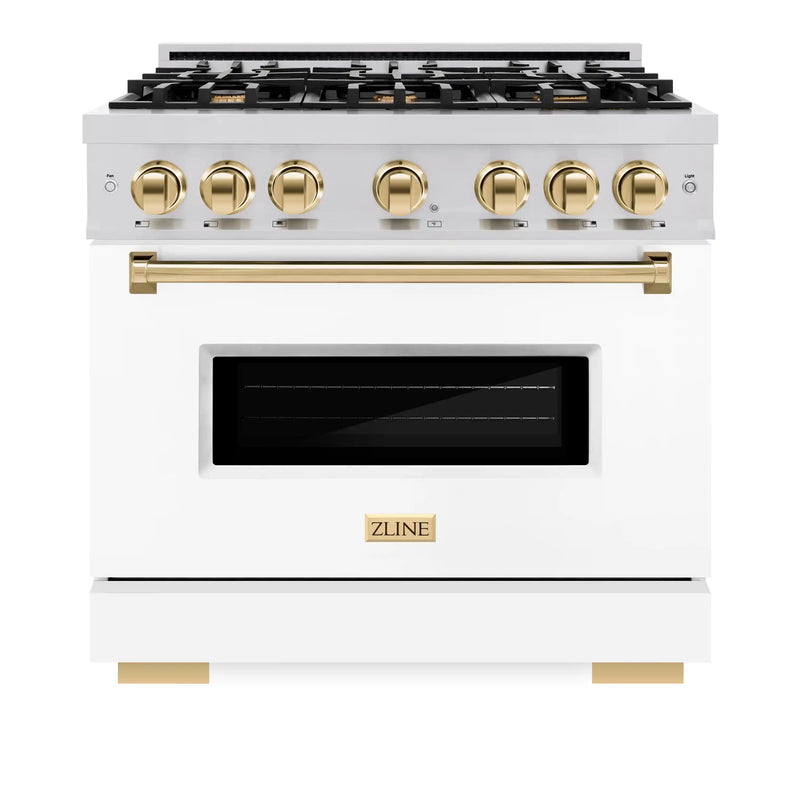 ZLINE Autograph Edition 36-Inch Classic Series Gas Range with 6 Gas Burners and 5.2 Cu. Ft. Gas Convection Oven in Stainless Steel with White Matte Door and Polished Gold Accents (CGRZ-WM-36-G)