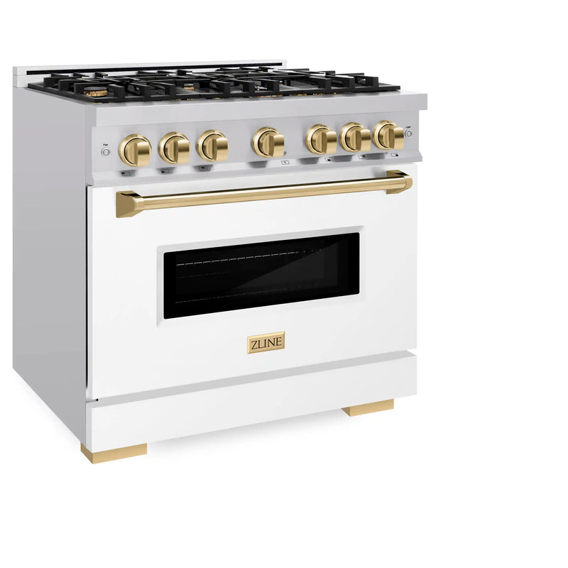 ZLINE Autograph Edition 36-Inch Classic Series Gas Range with 6 Gas Burners and 5.2 Cu. Ft. Gas Convection Oven in Stainless Steel with White Matte Door and Polished Gold Accents (CGRZ-WM-36-G)