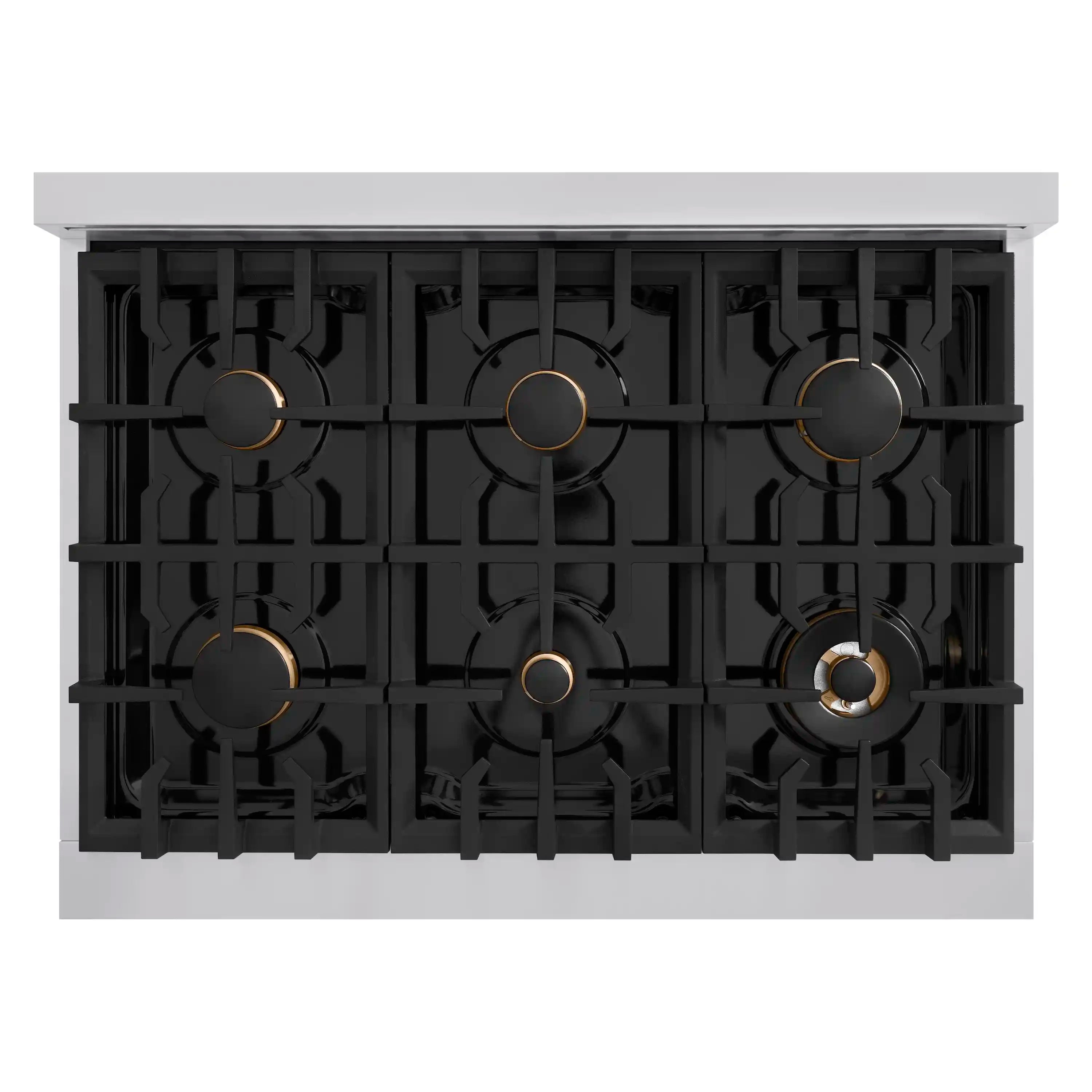 Gas range cooktop with six black burner grates and gold-accented controls