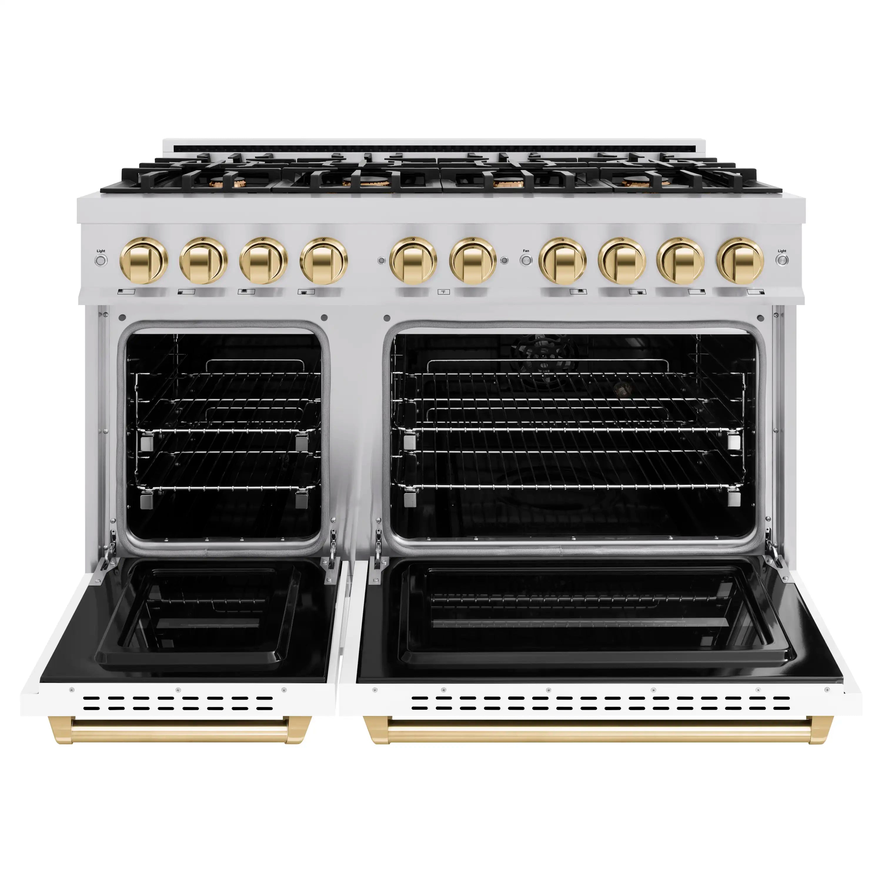 Stainless gas range with both oven doors open and gold-trimmed handles