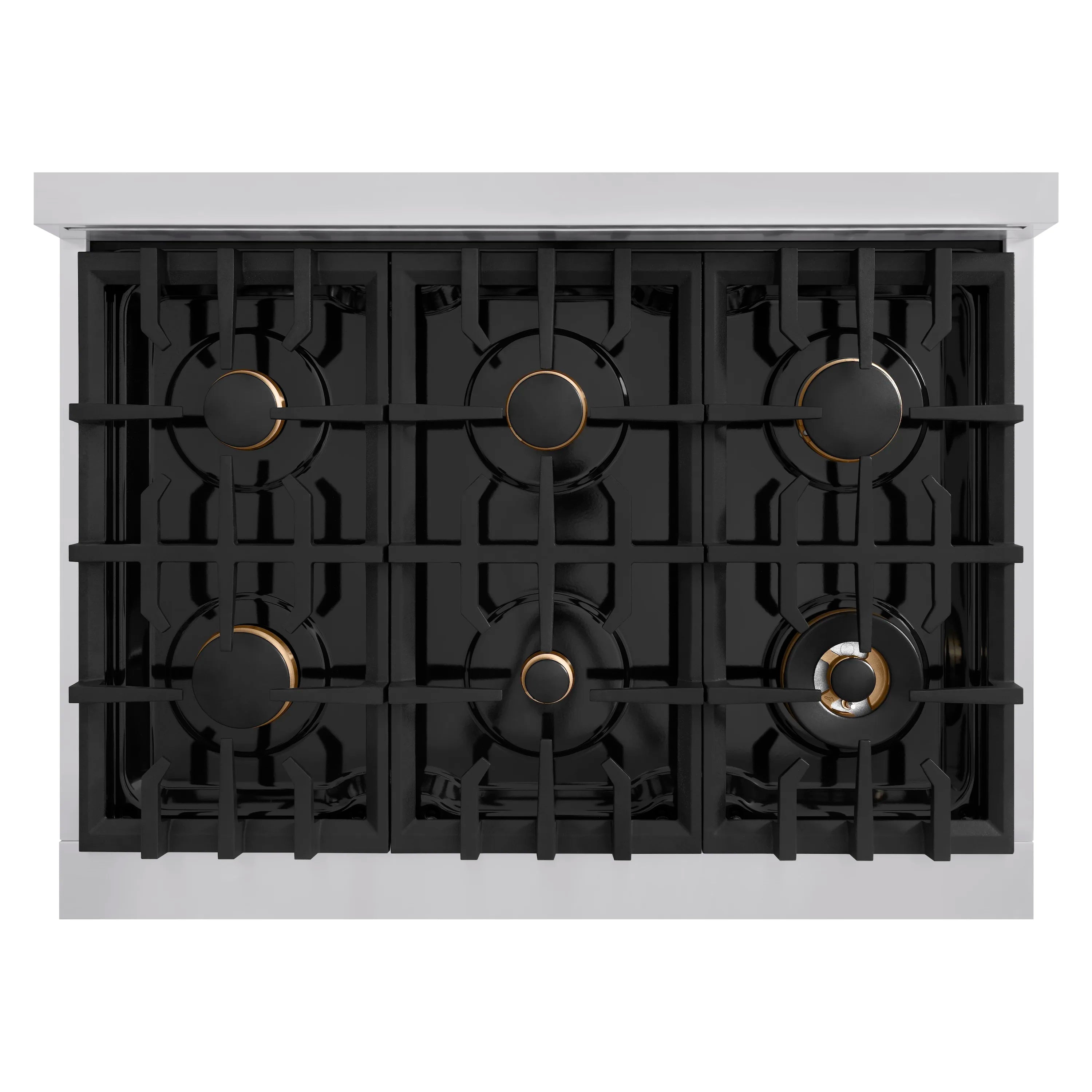 Gas cooktop with 6 brass-accent burners and black grates